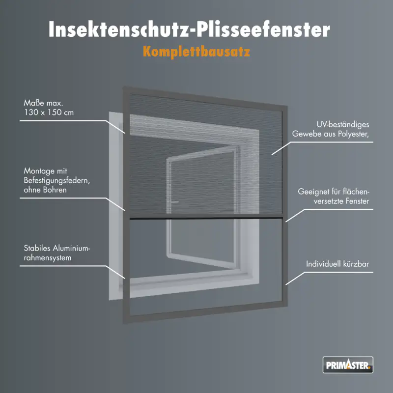 Primaster Fliegenschutz-Plissee 130 x 150 cm anthrazit/anthrazit kürzbar