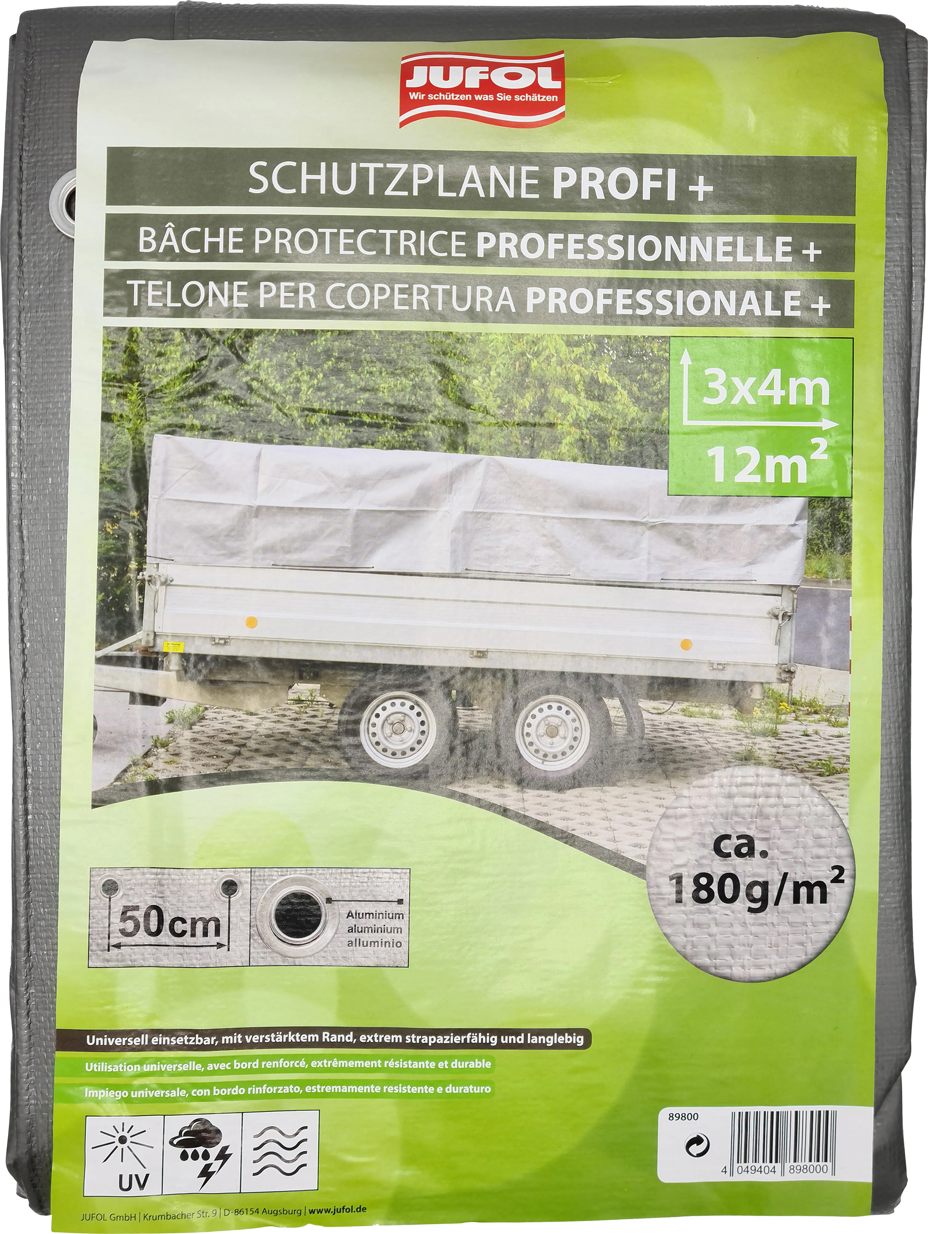 Jufol Abdeckplane für Anhänger 3 x 4 m = 12 m² - 180g/m² silber-grün