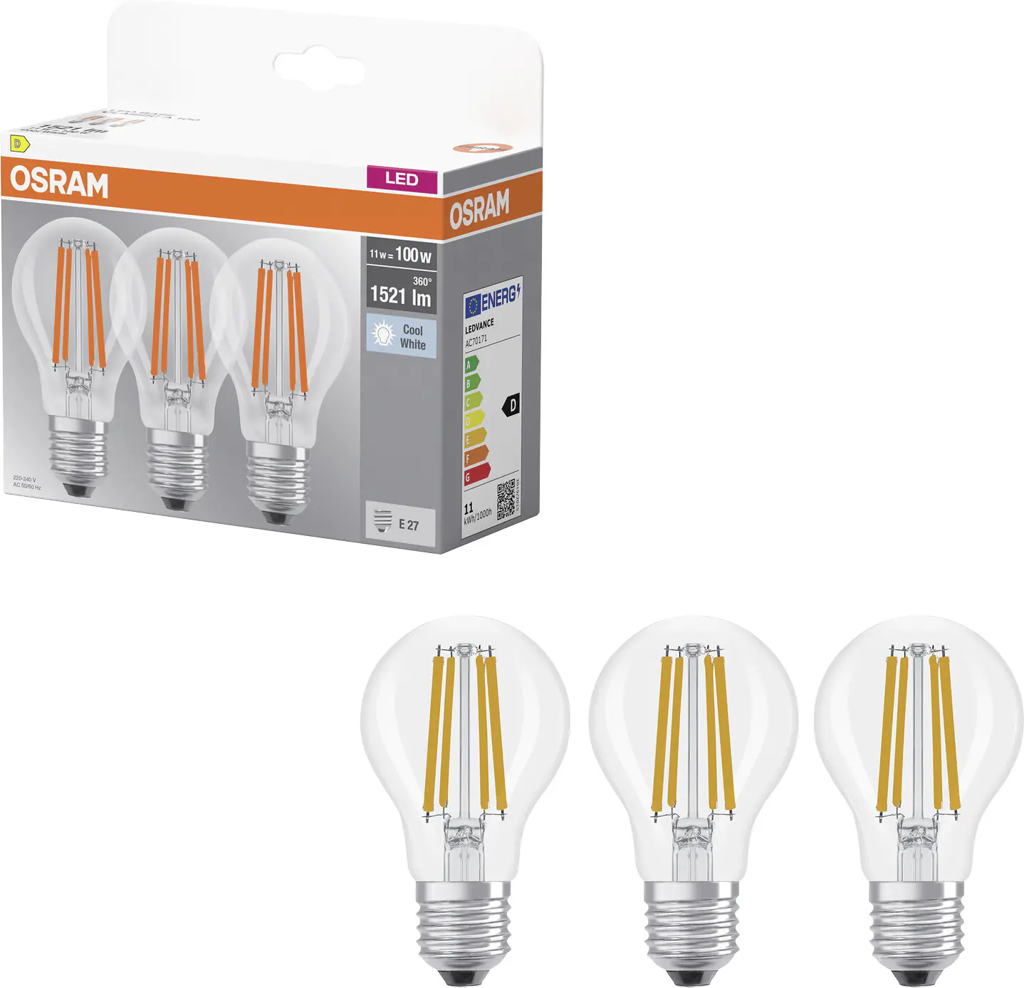 Osram LED Leuchtmittel E27 3er Pack Base Classic 11W klar kaltweiß Osram LED Leuchtmittel E27 3er Pack Base Classic 11W klar kaltweiß