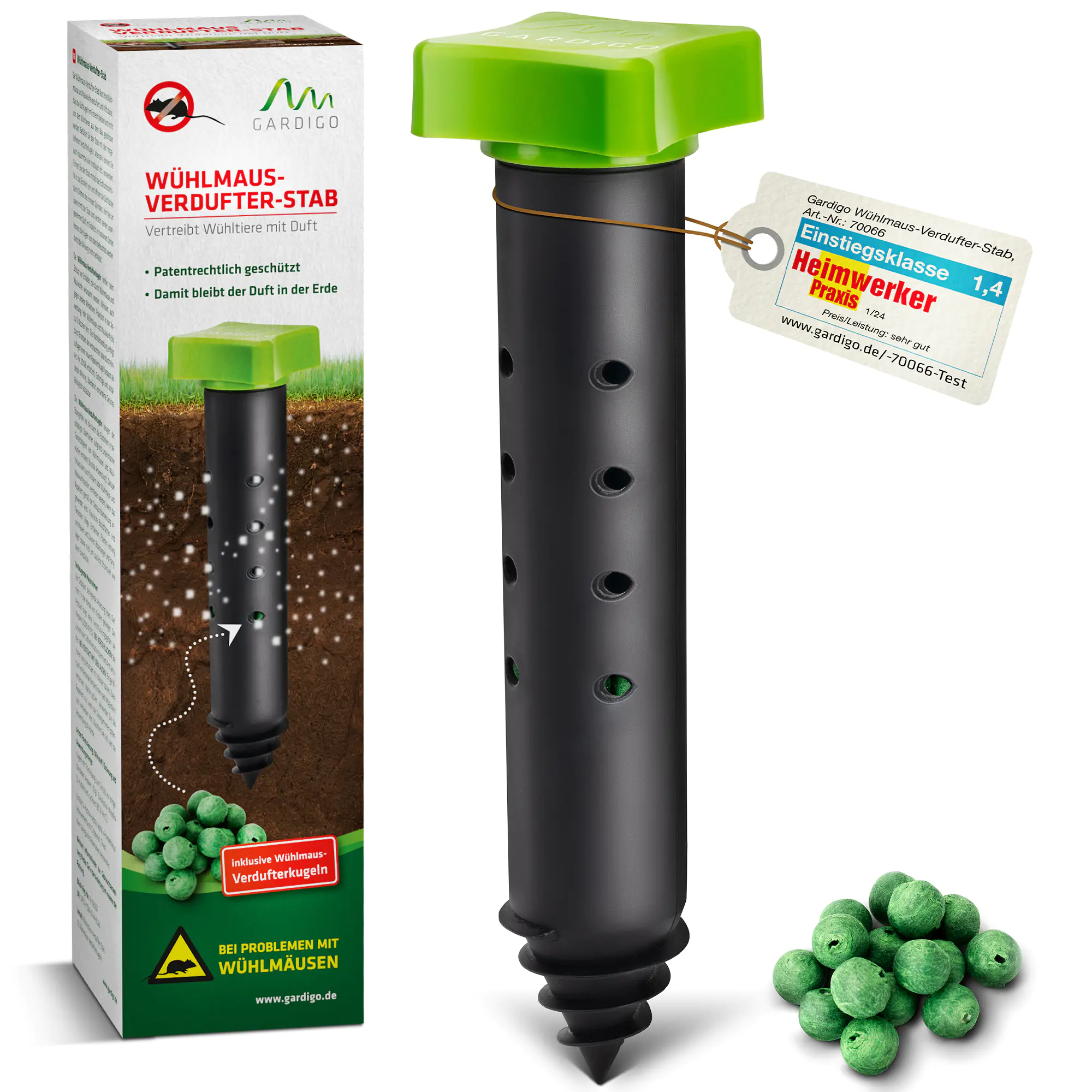 Gardigo Verdufterstab Wühlmaus Maulwurf-Schreck mit 15 Verdufterkugeln 