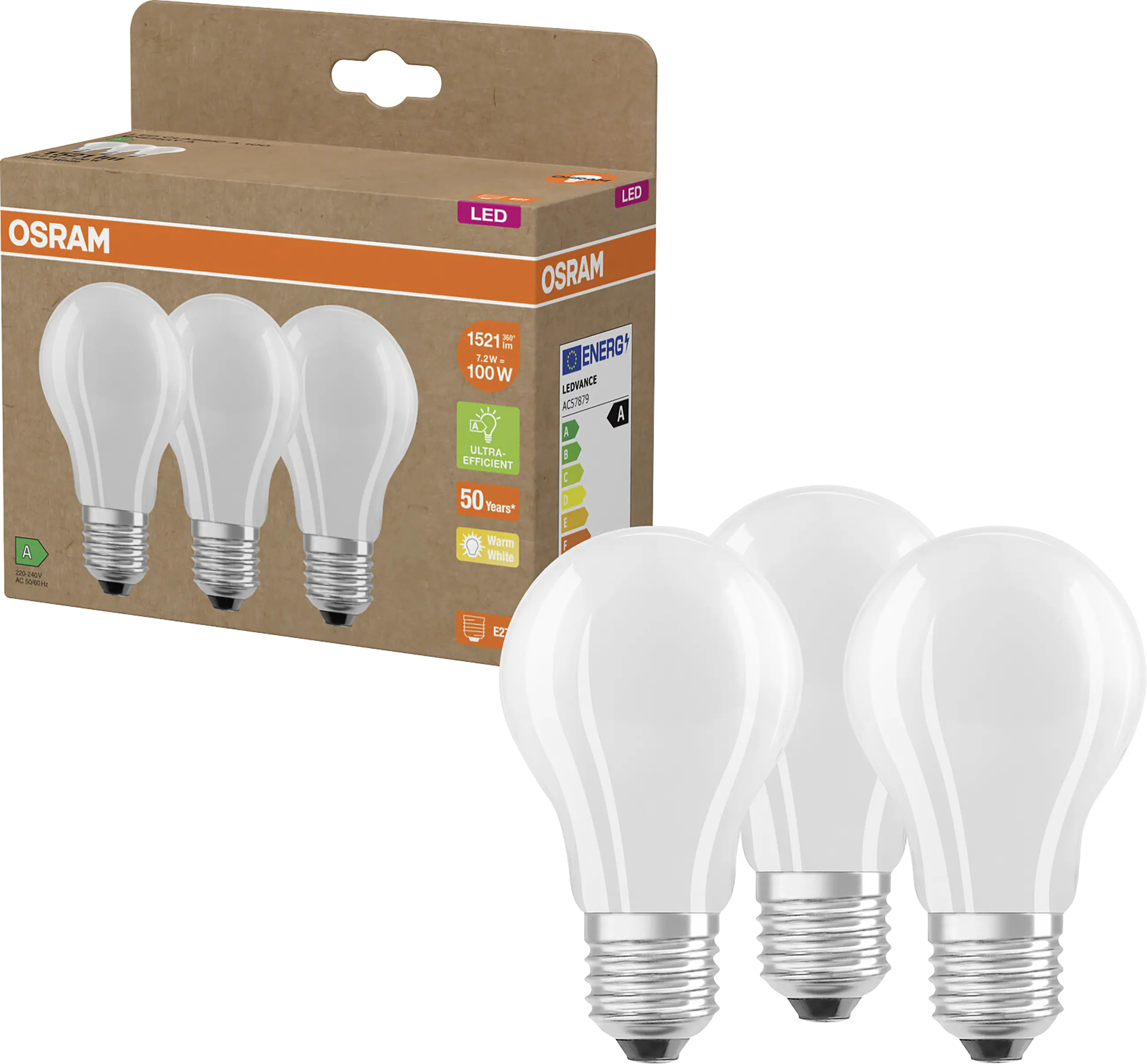 Osram LED Leuchtmittel Classic E27 3er Pack 7,2W matt warmweiß