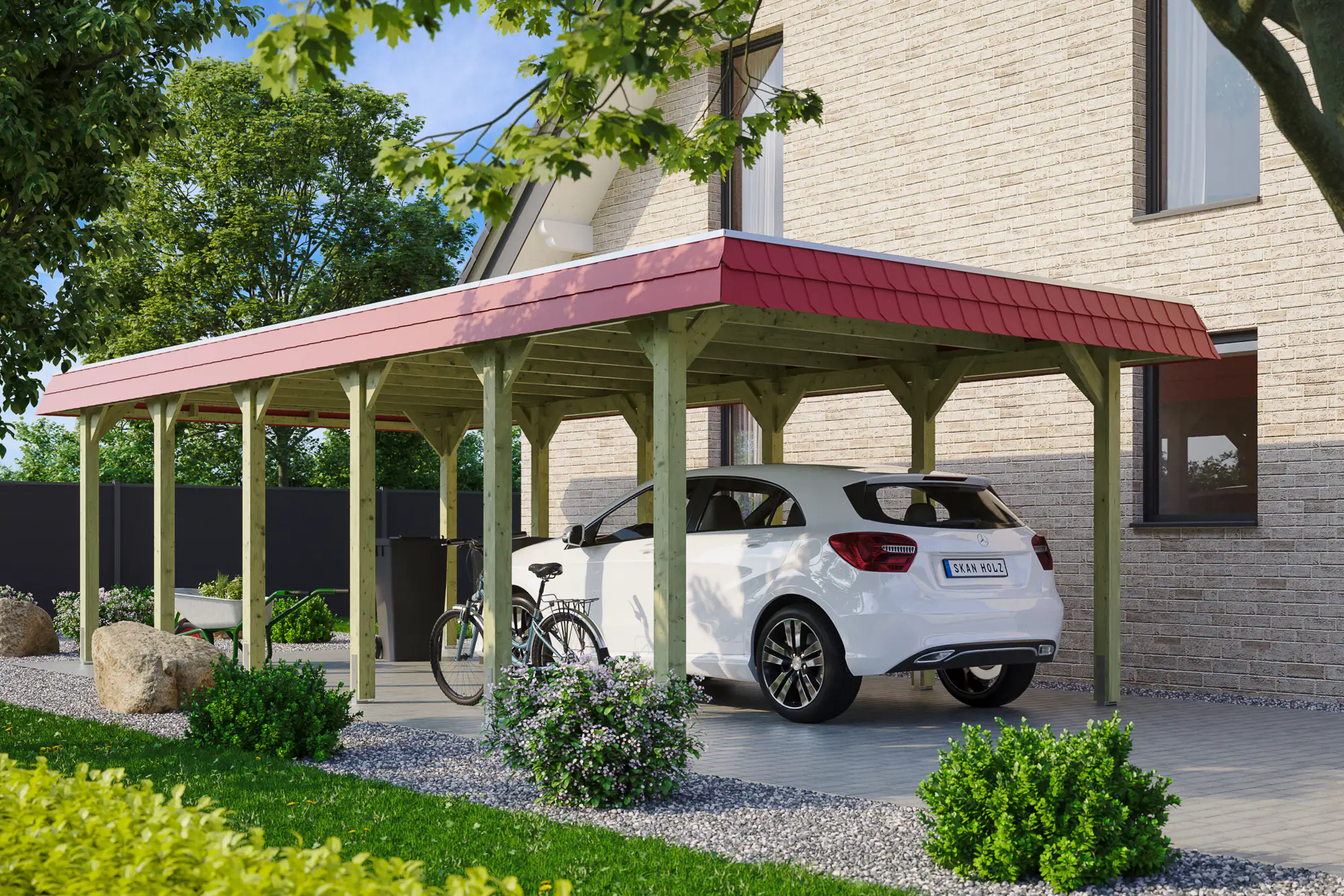 4018211034222 SKAN HOLZ Carport Spreewald 396 x 893 cm mit EPDM-Dach, rote Blende