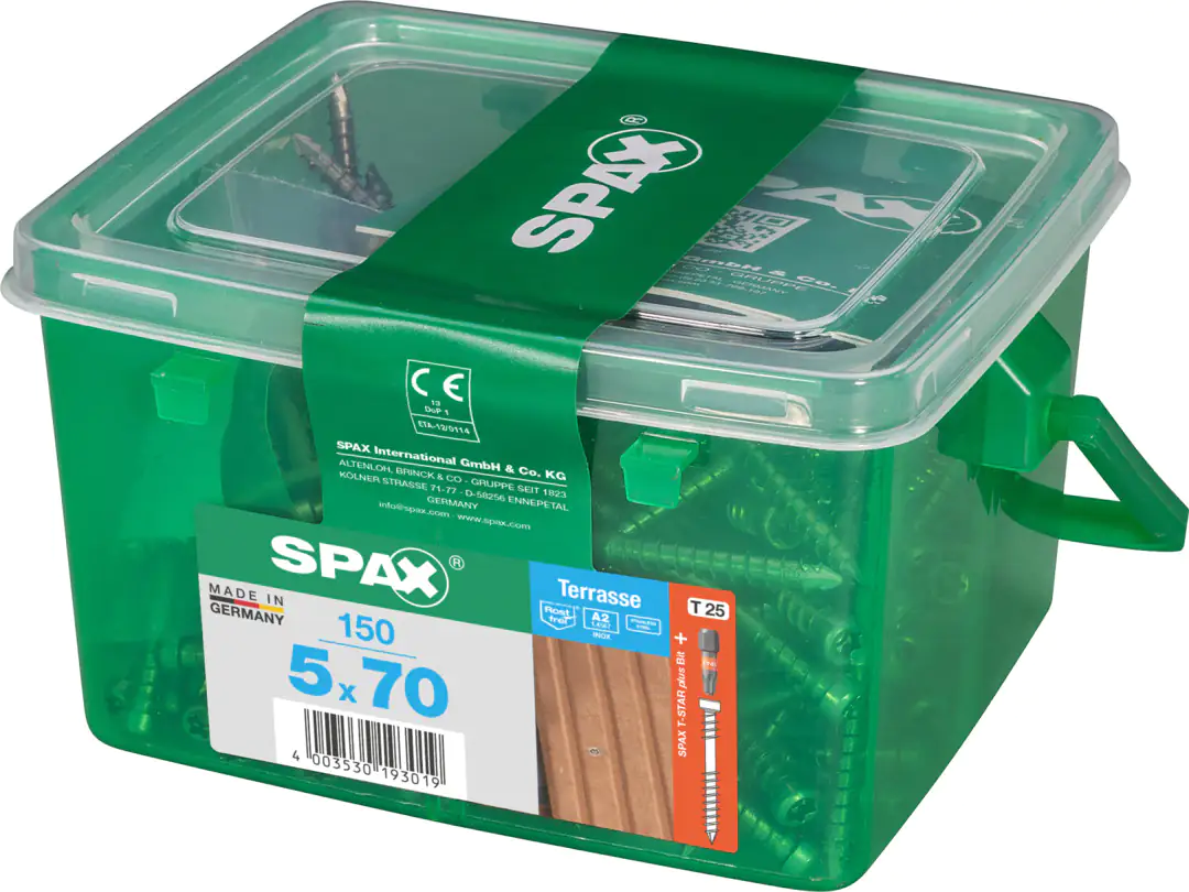 Spax Terrassenschrauben 5.0 x 70 mm TX 25 - 150 Stk. Spax Terrassenschrauben 5.0 x 70 mm TX 25 - 150 Stk.