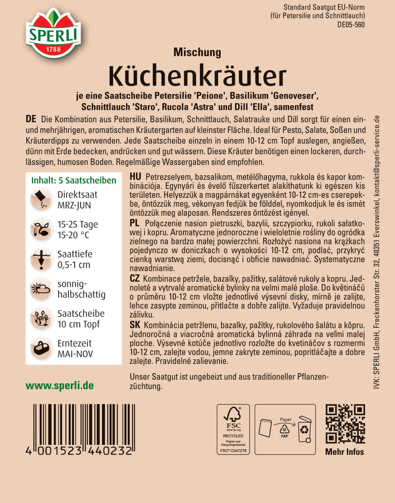 Sperli Küchenkräuter Saatscheibe