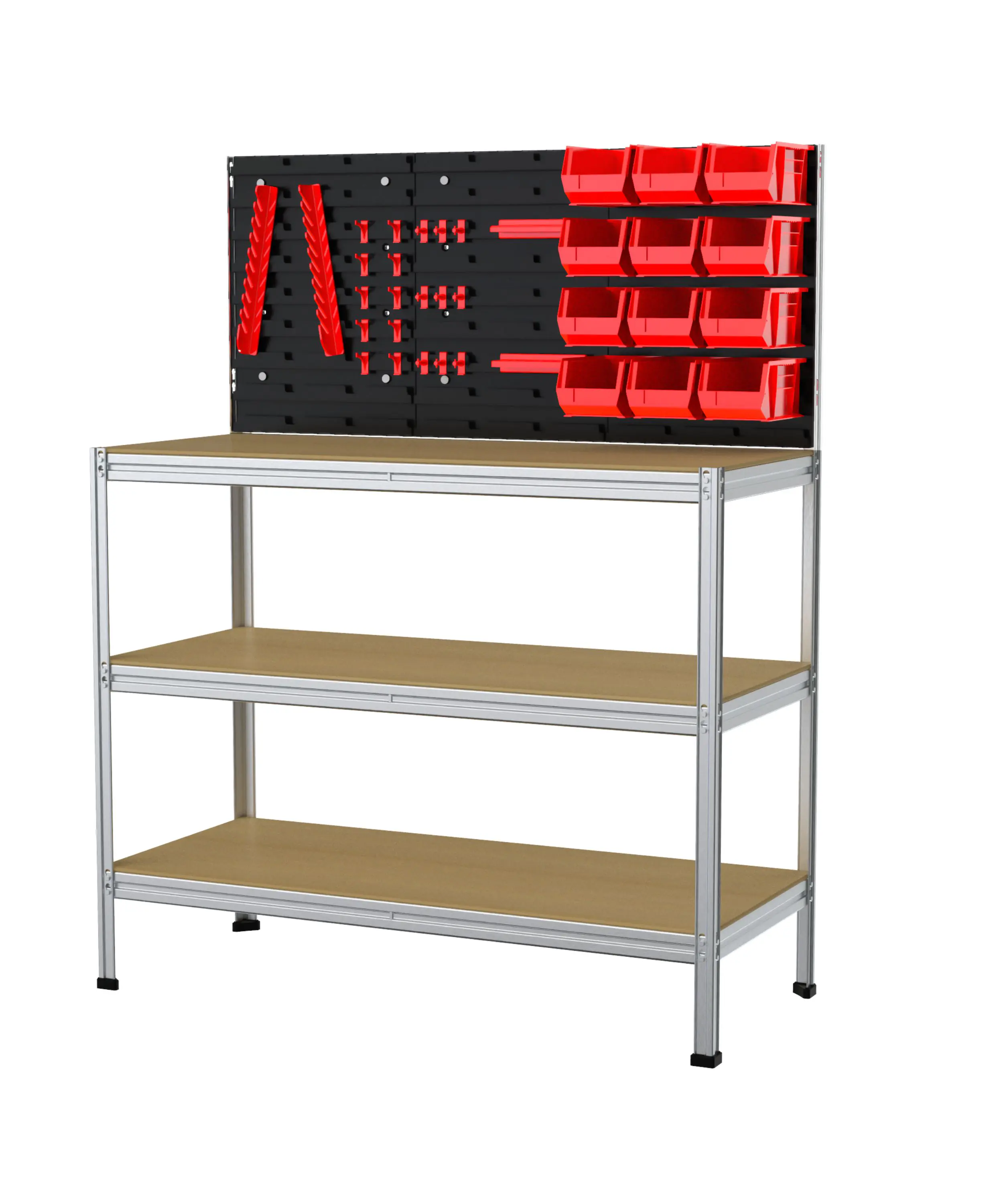 Werkstattregal inkl. Werkzeugwand & Kästen Stahl 132 x 104 cm 3 Holzböden 900 kg