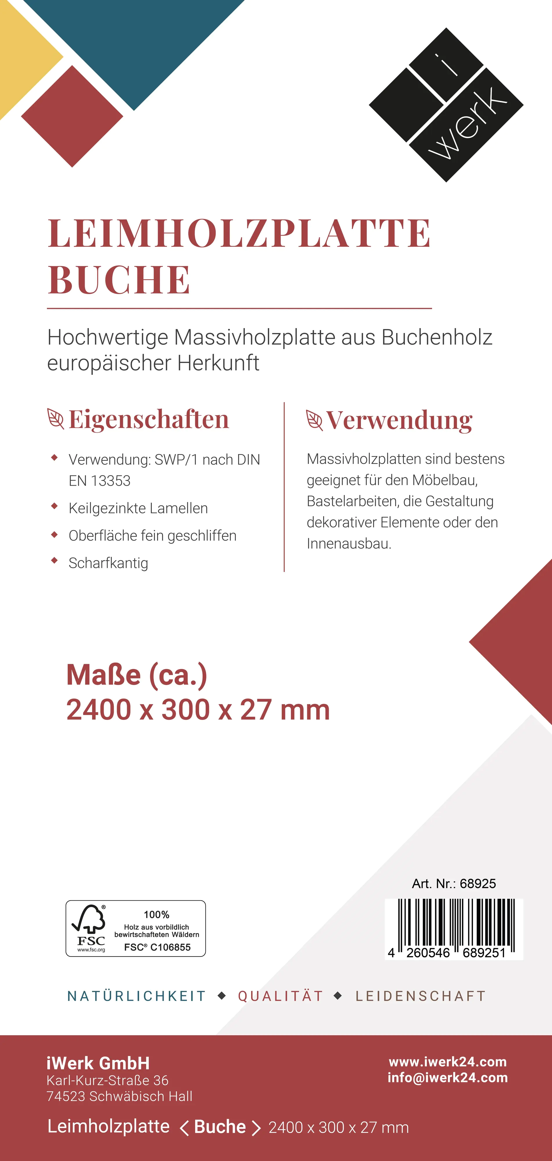 Leimholz Buche 240 x 30 x 2,7 cm