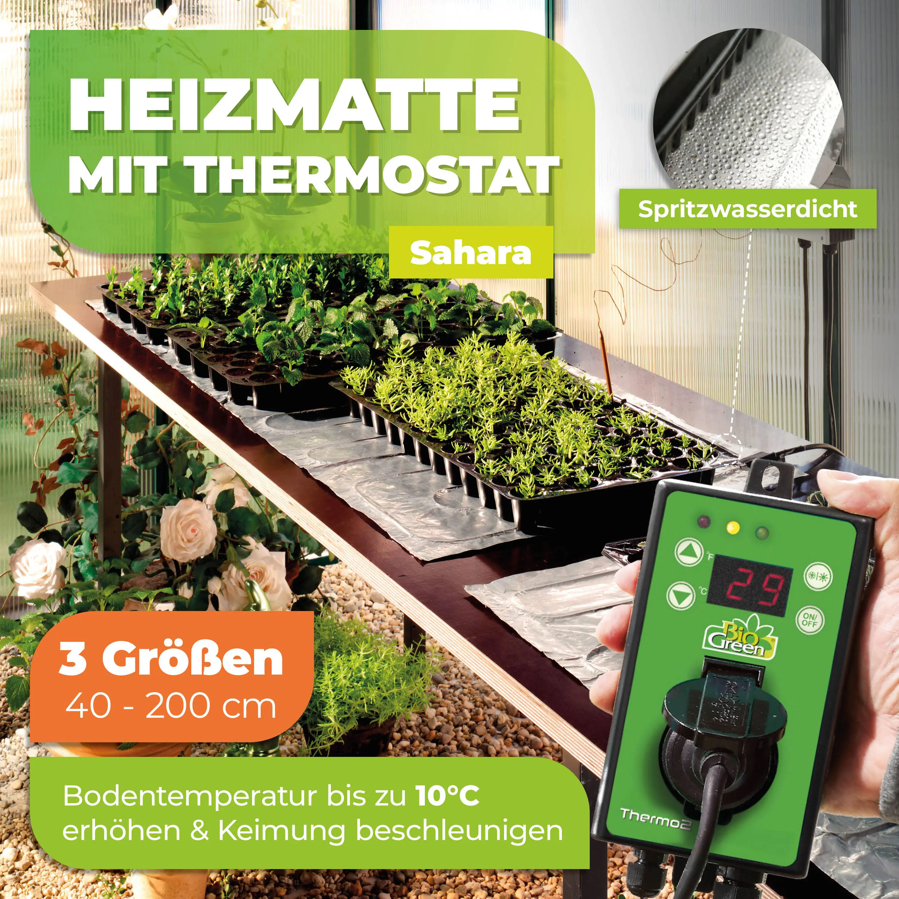 BioGreen Heizmatte als Anzuchtbooster für Pflanzen Sahara 100 x 100 cm 150 W inkl. Thermostat