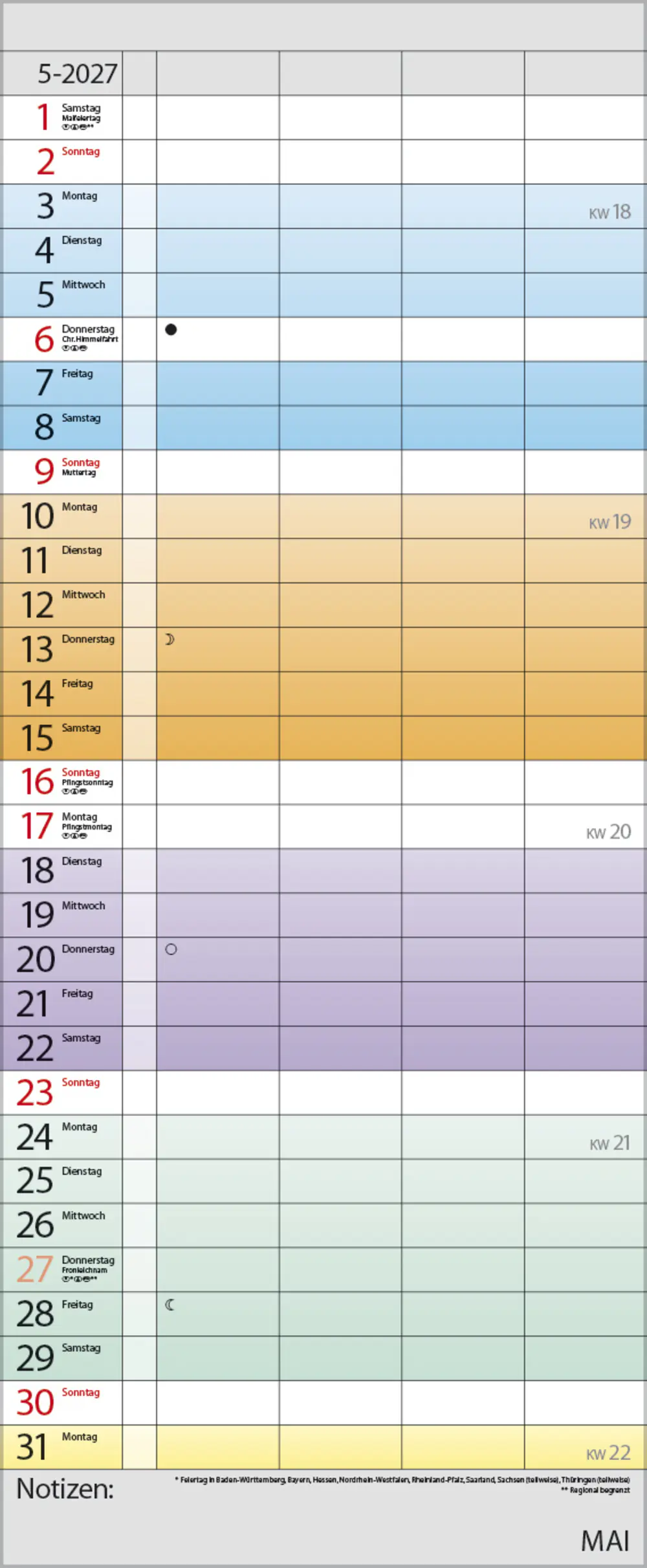 Korsch Kalender Familienplaner 2027 Farbenspiel 19 x 46 cm