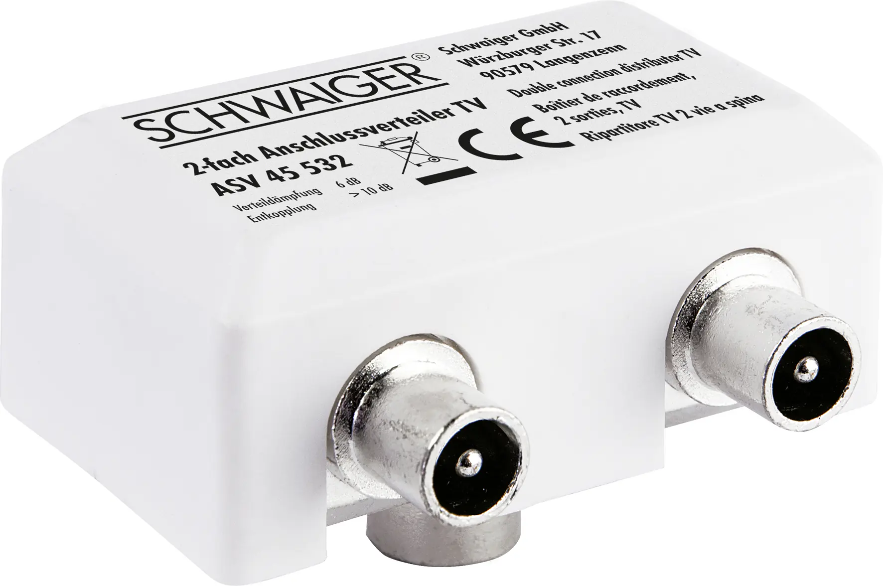 Schwaiger Aufsteckverteiler ASV45 532 für TV weiß, 1x IEC Buchse auf 2x IEC Stecker