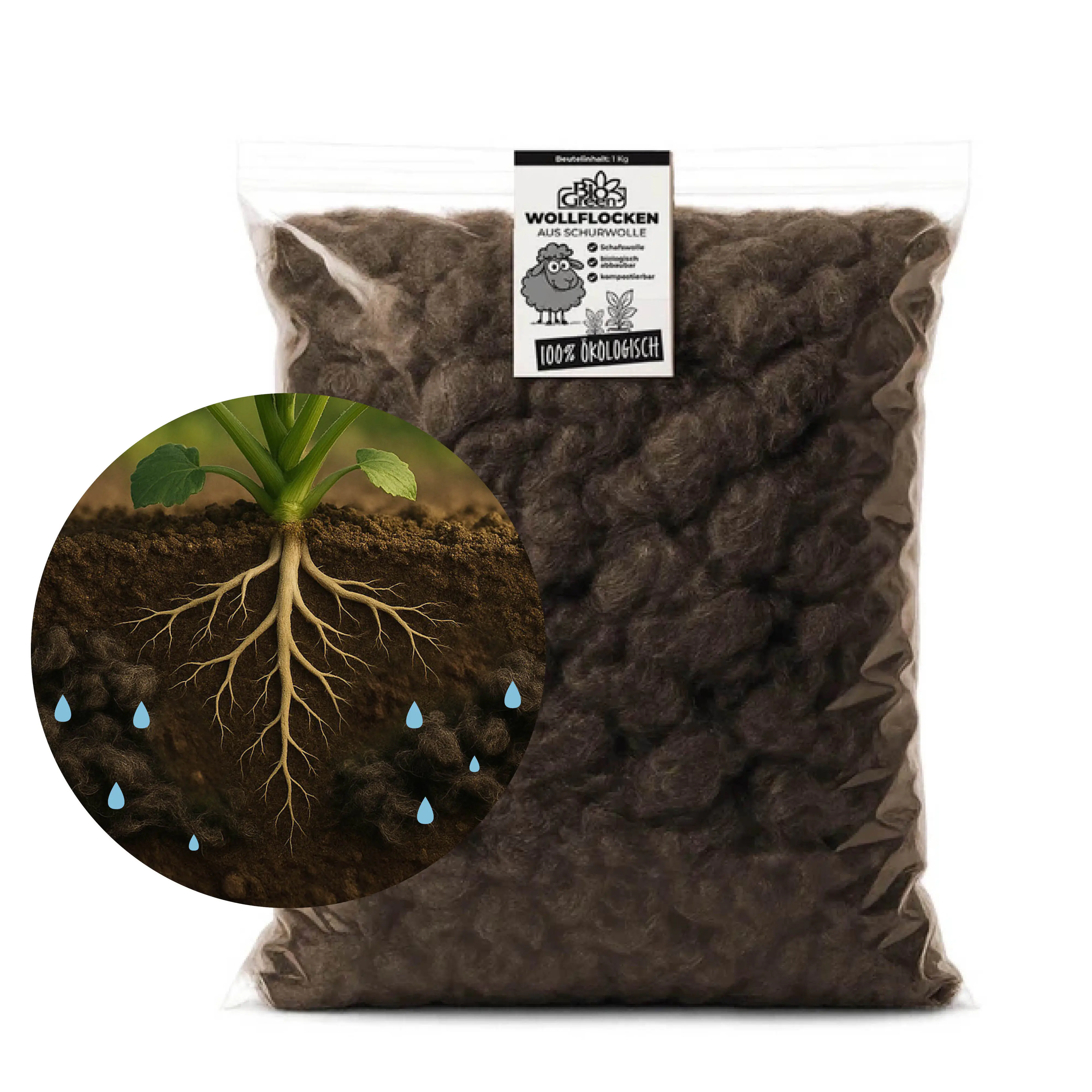BioGreen Wollflocken aus Schurwolle zur Bodenverbesserung 1 kg
