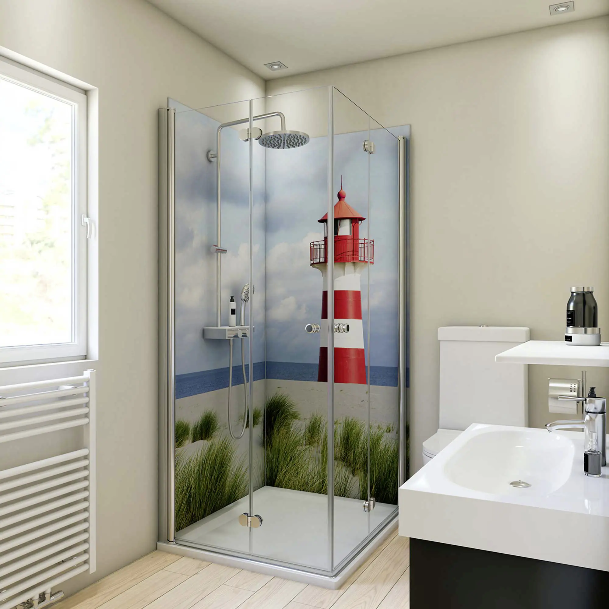 Breuer Duschrückwand Leuchtturm Foto über Eck 90x90x210x0,3 cm