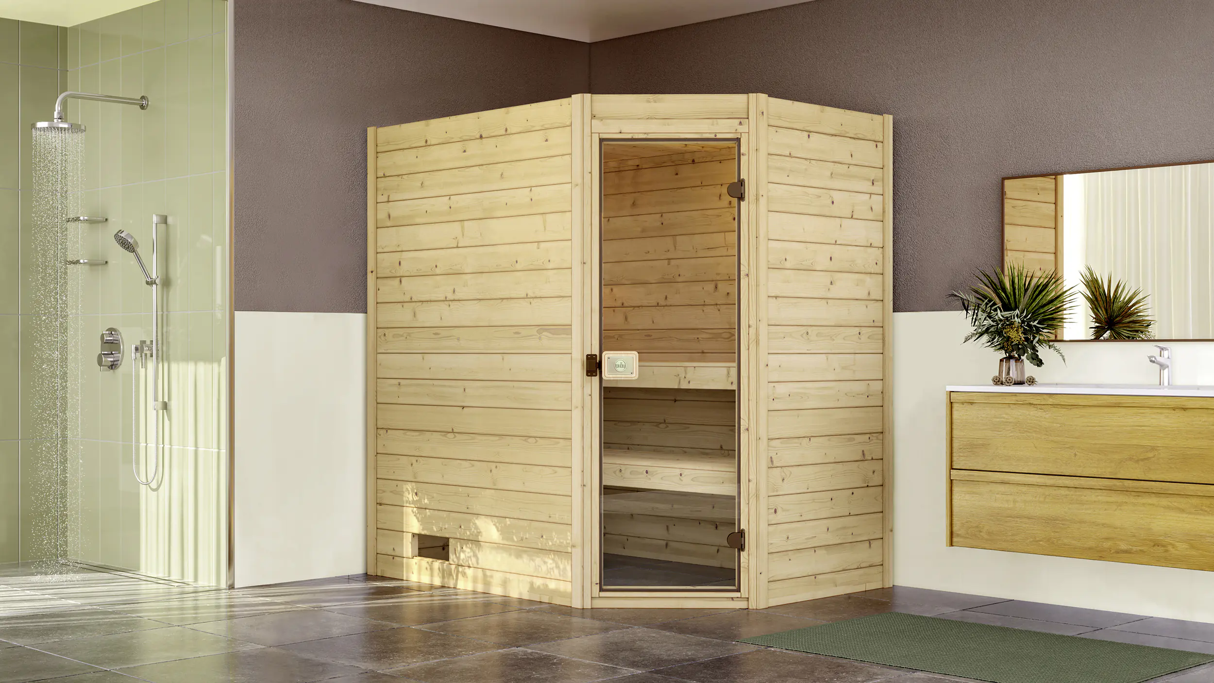 Weka Massivholzsauna Valida Eck 1 mit Glastür