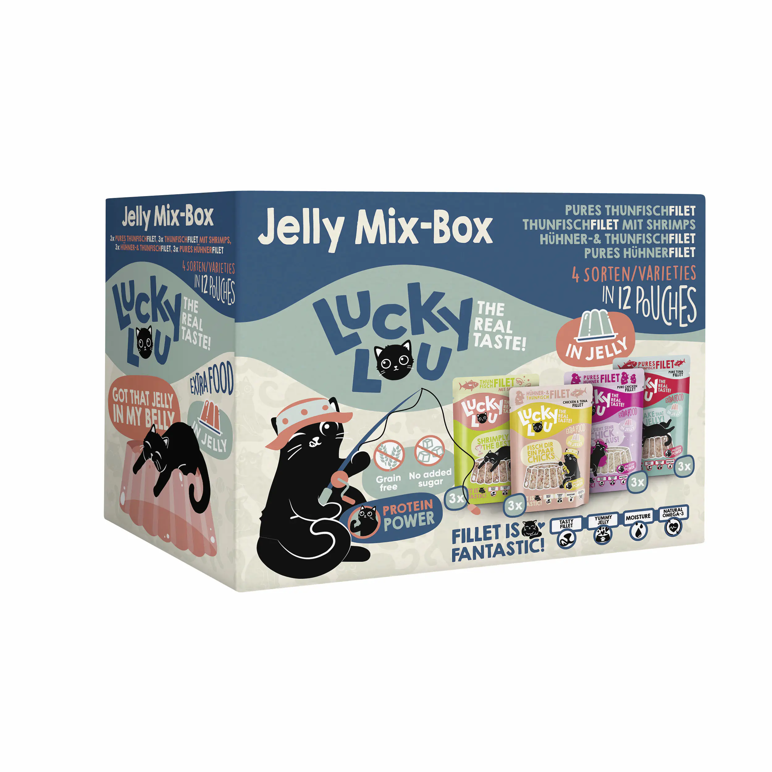 Lucky Lou Extrafood Katzennassfutter Adult getreidefrei 12 x 70 g Jelly-Mix-Box