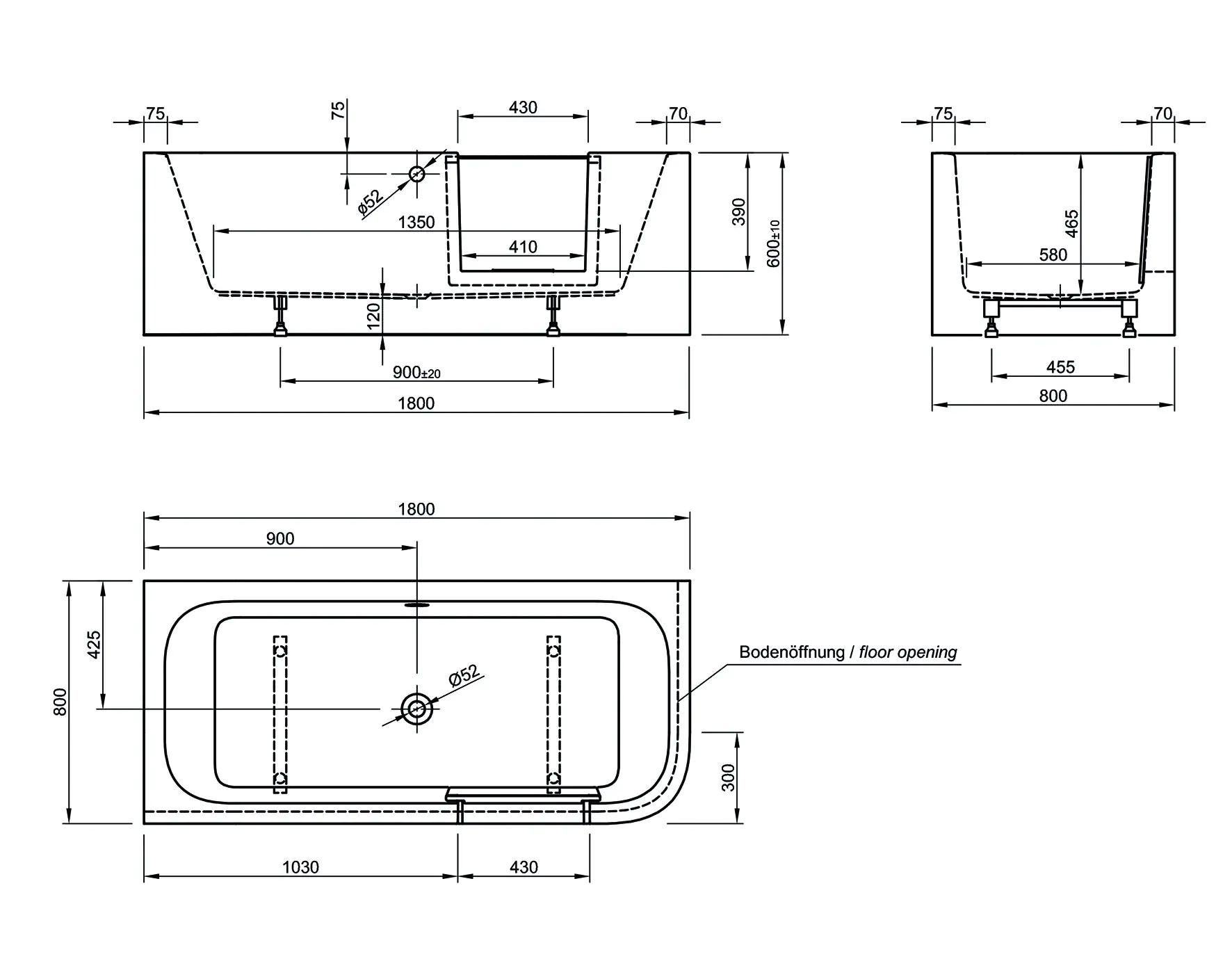 Ottofond Badewanne barrierefrei 180 x 80 cm rechts weiß