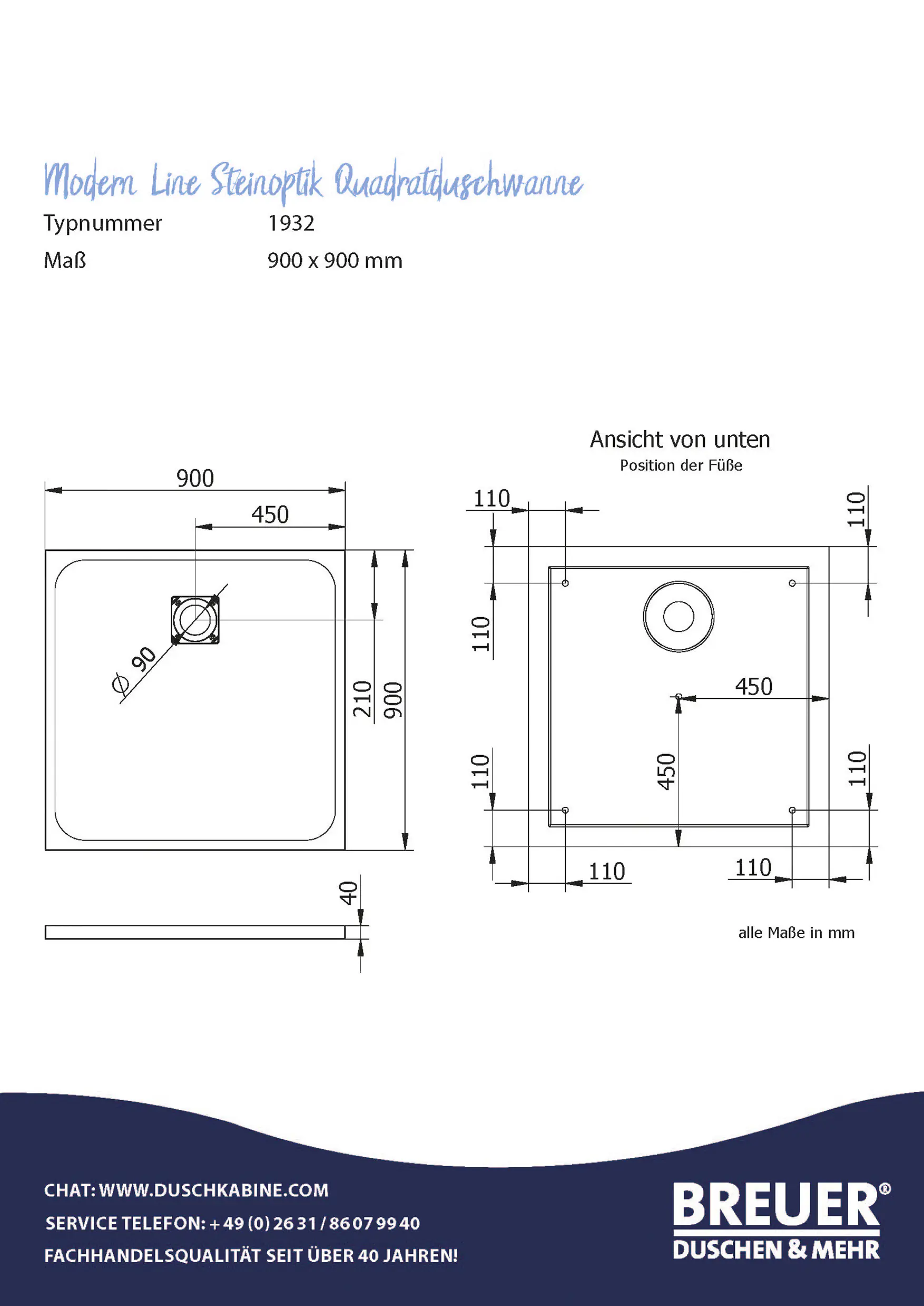 Breuer Duschwanne quadrat Modern Line Steinoptik Mineralguss anthrazitgrau 90 x 90 cm