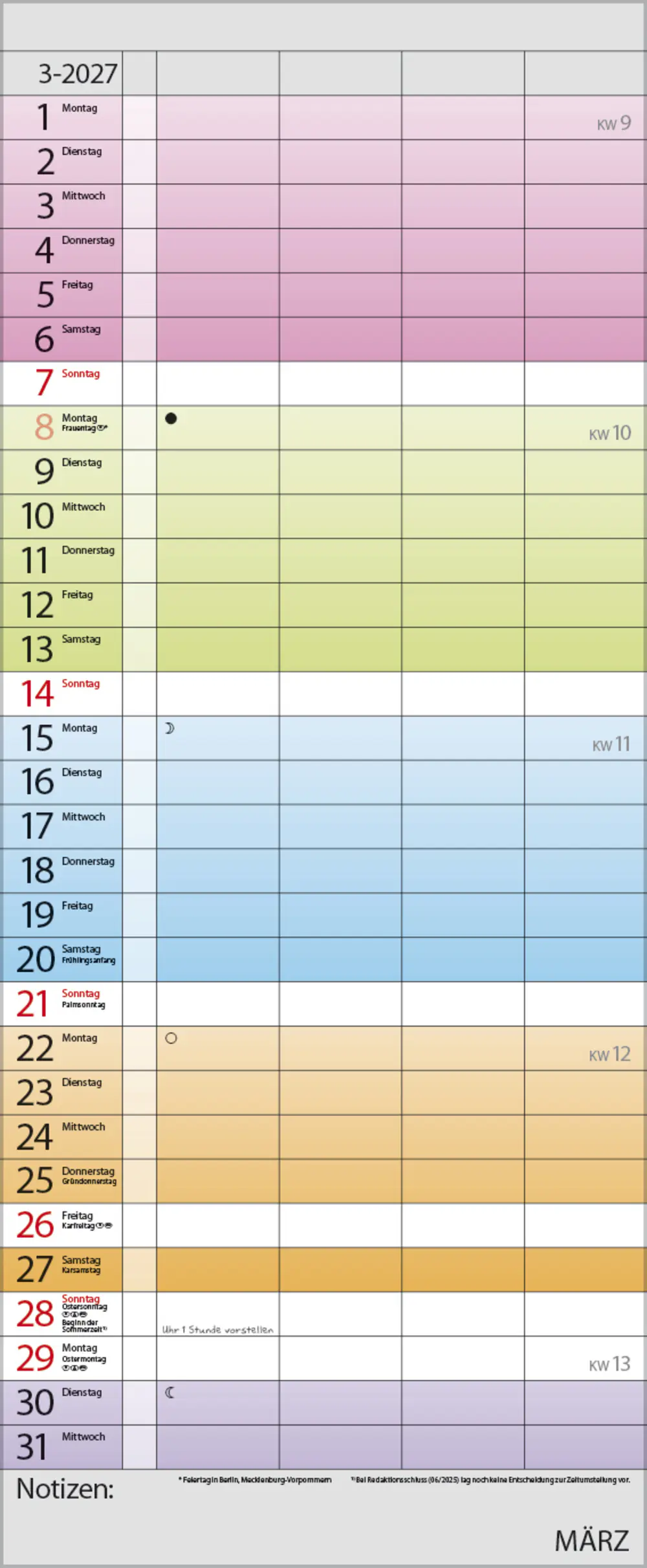 Korsch Kalender Familienplaner 2027 Farbenspiel 19 x 46 cm
