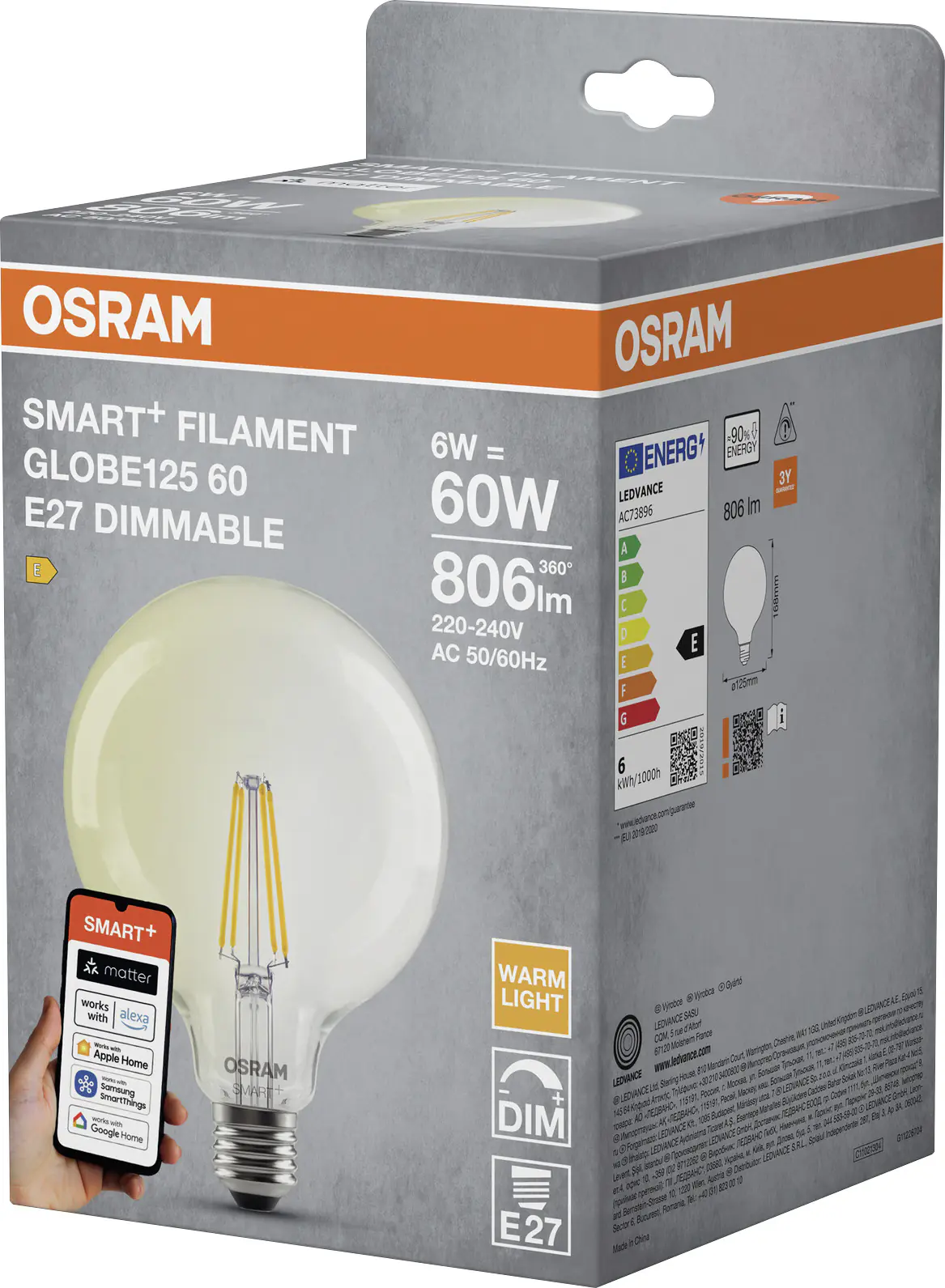 Osram SMART+ Matter Leuchtmittel E27 Globe 6W dimmbar warmweiß