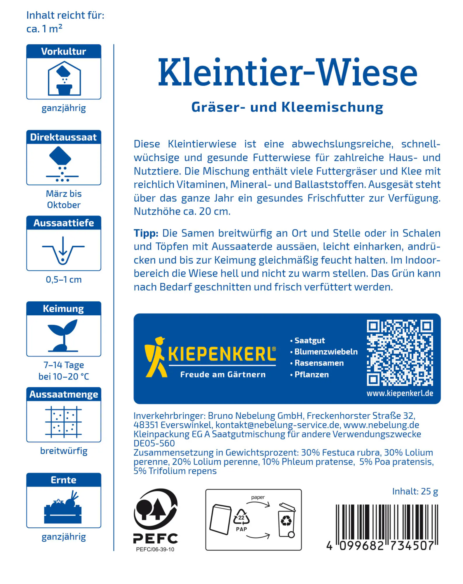 Kiepenkerl Rasensamen Kleintier-Wiese Gräser- und Kleemischung für ca. 1 m²