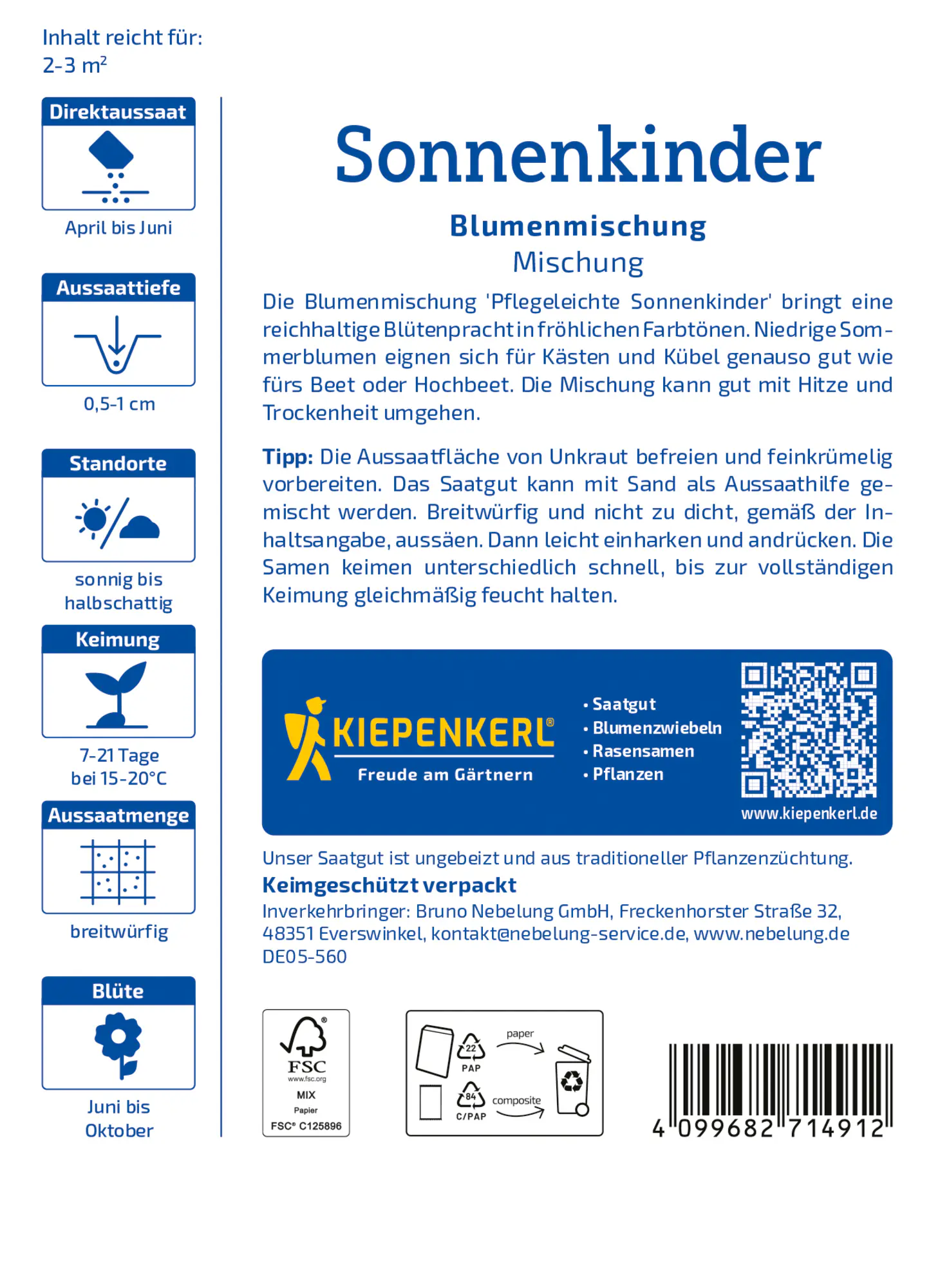 Kiepenkerl Profi-Line Saatgut Blumen-Mischung Pflegeleichte Sonnenkinder für ca. 2-3 m²