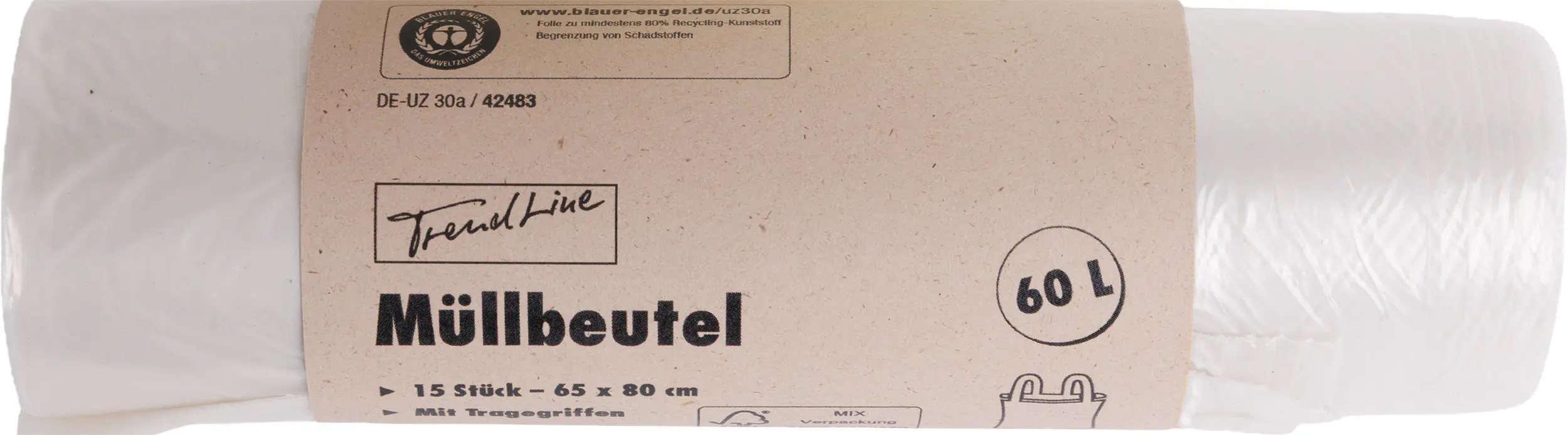 Trendline Müllbeutel 60 L, transparent+Tragegriff, 15 Stück