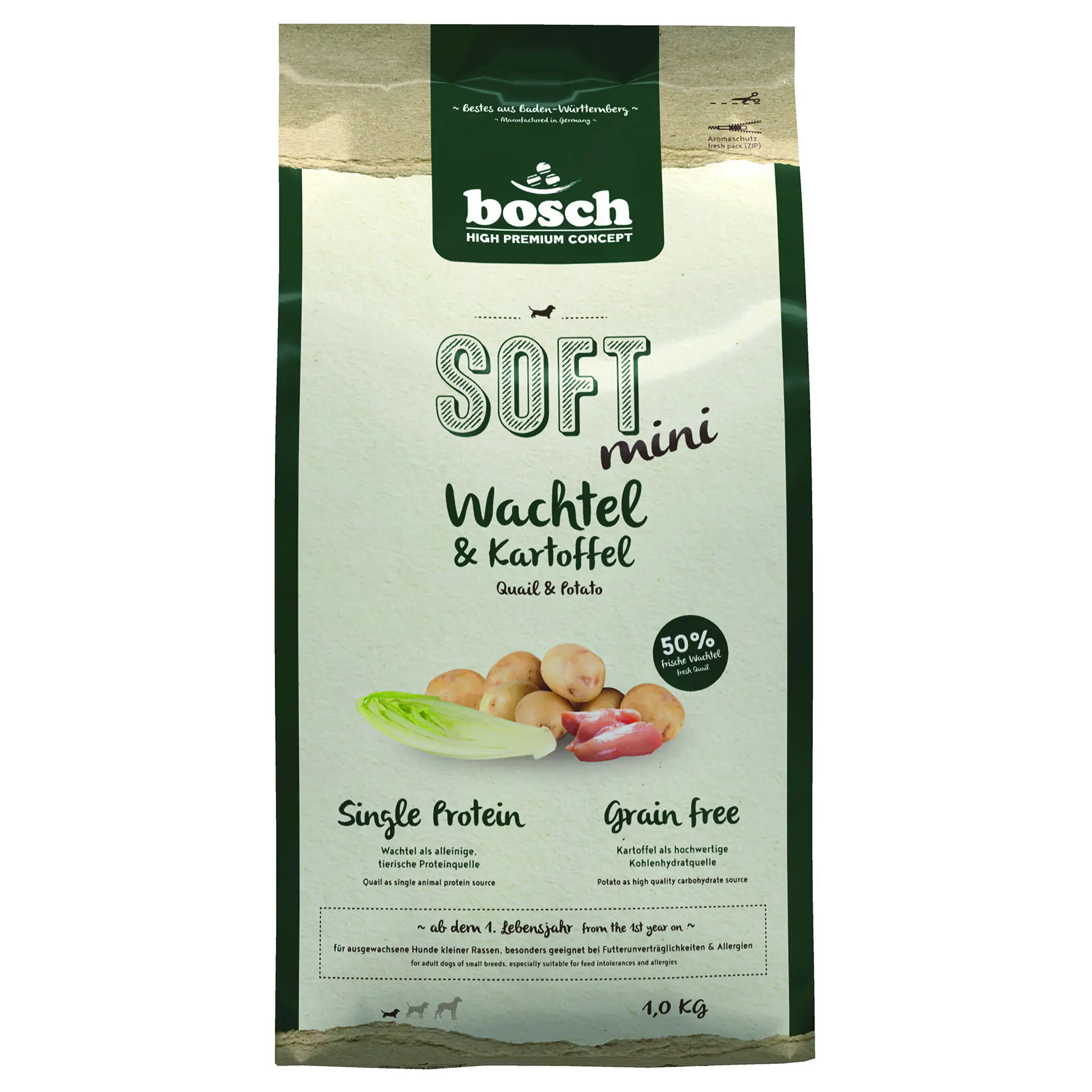 Bosch HPC Hundetrockenfutter Adult Soft Mini 1 kg Wachtel & Kartoffel 