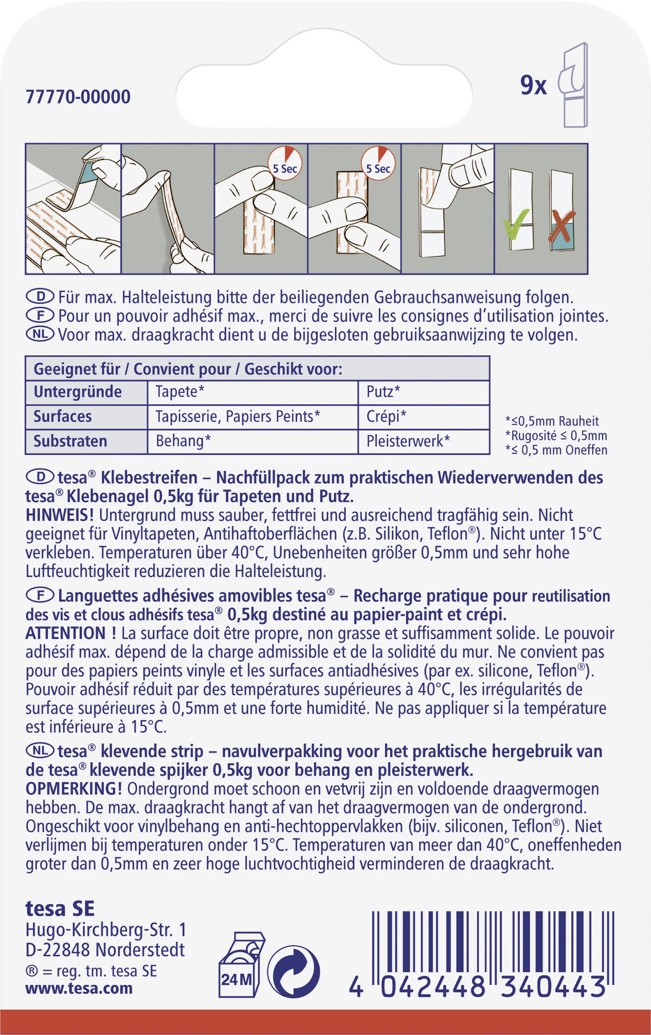 tesa Klebestreifen Traglast 500 g, 9 Stück
