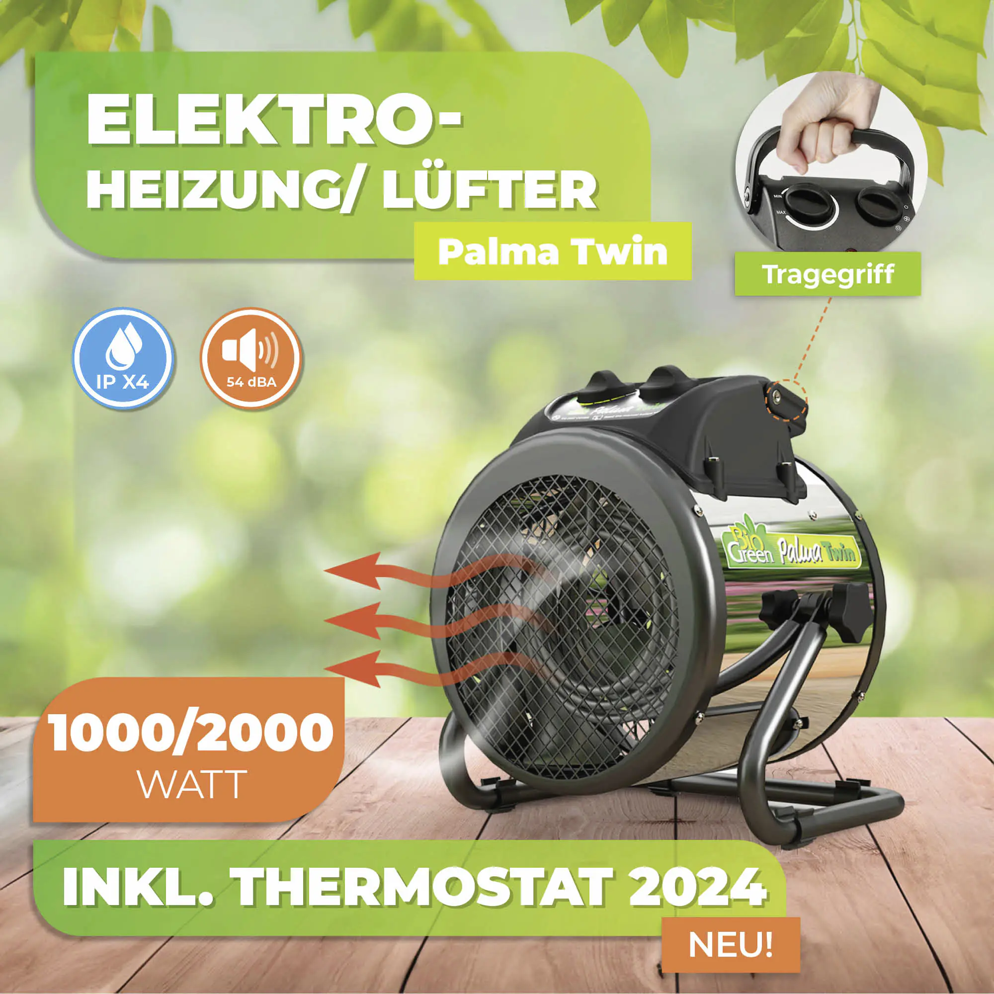 BioGreen Elektroheizung für Gewächshaus Palma Twin Basic silber/schwarz 25 x 30 cm mit manuellem Thermostat 1000/2000 W