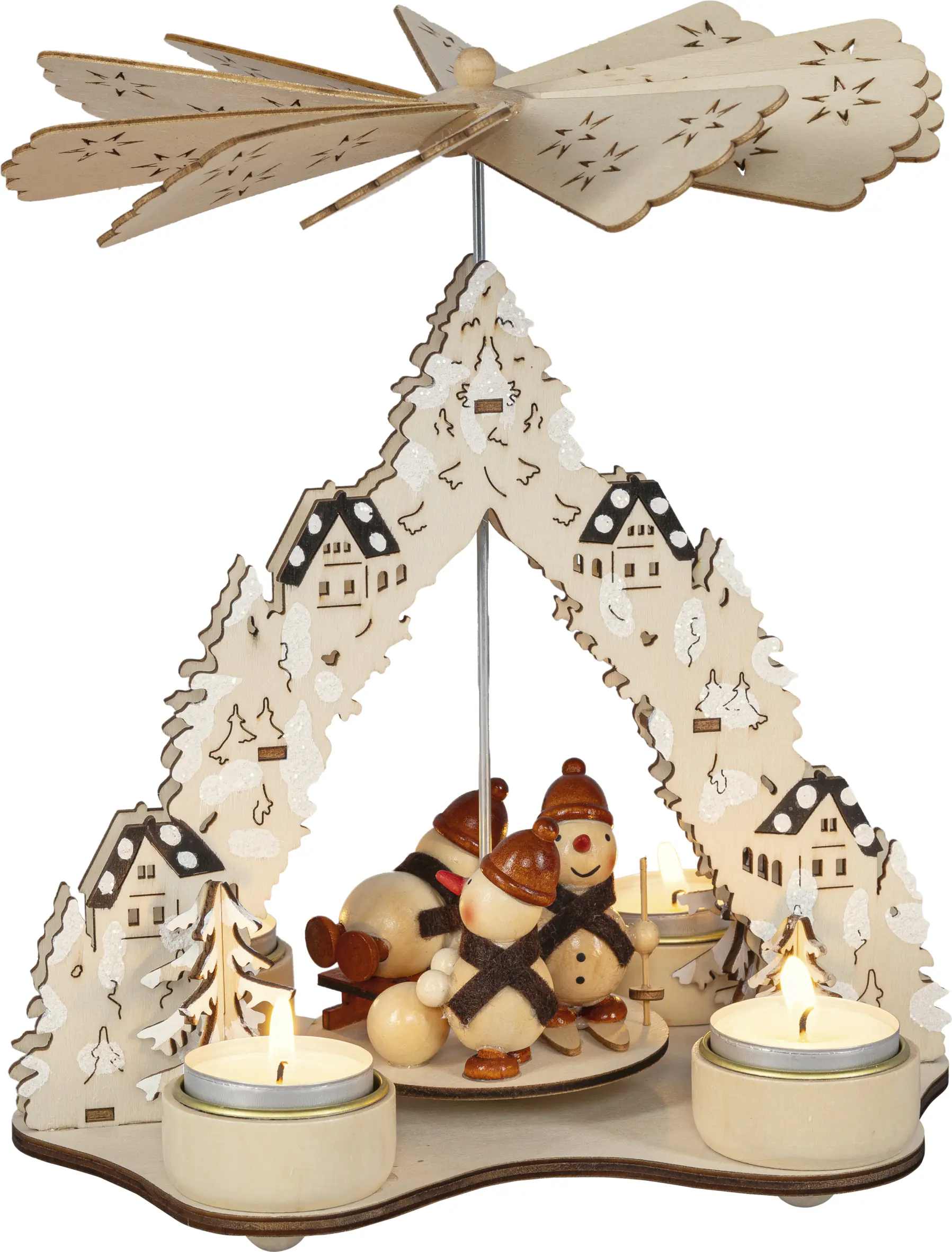 Saico Weihnachtspyramide Schneemänner für 4 Teelichter Holz 23 cm natur 