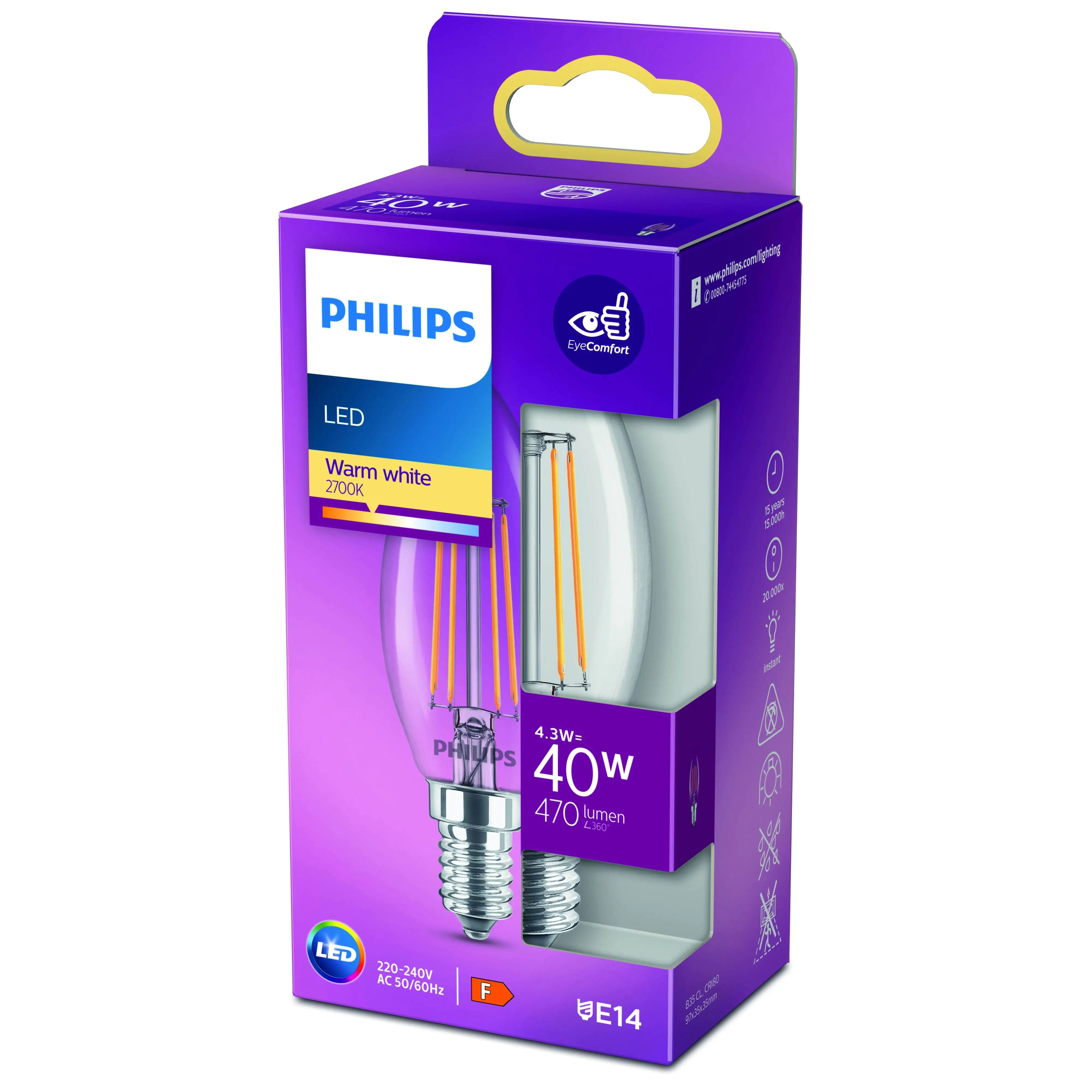 Philips LED-Leuchtmittel Filament Kerzenform B35 E14 4W warmweiß