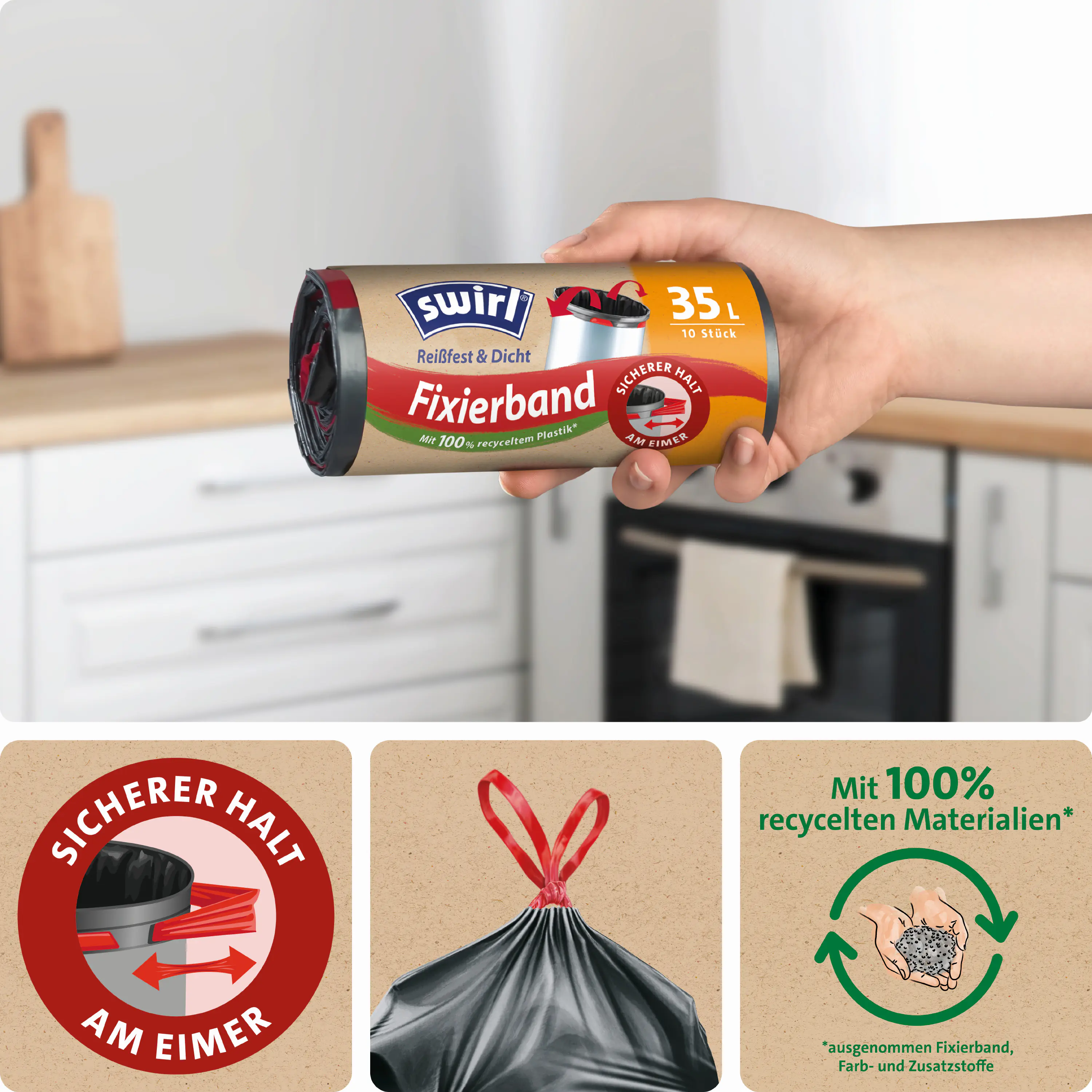 Swirl® 35 l Fixierband-Müllbeutel Reißfest & Dicht