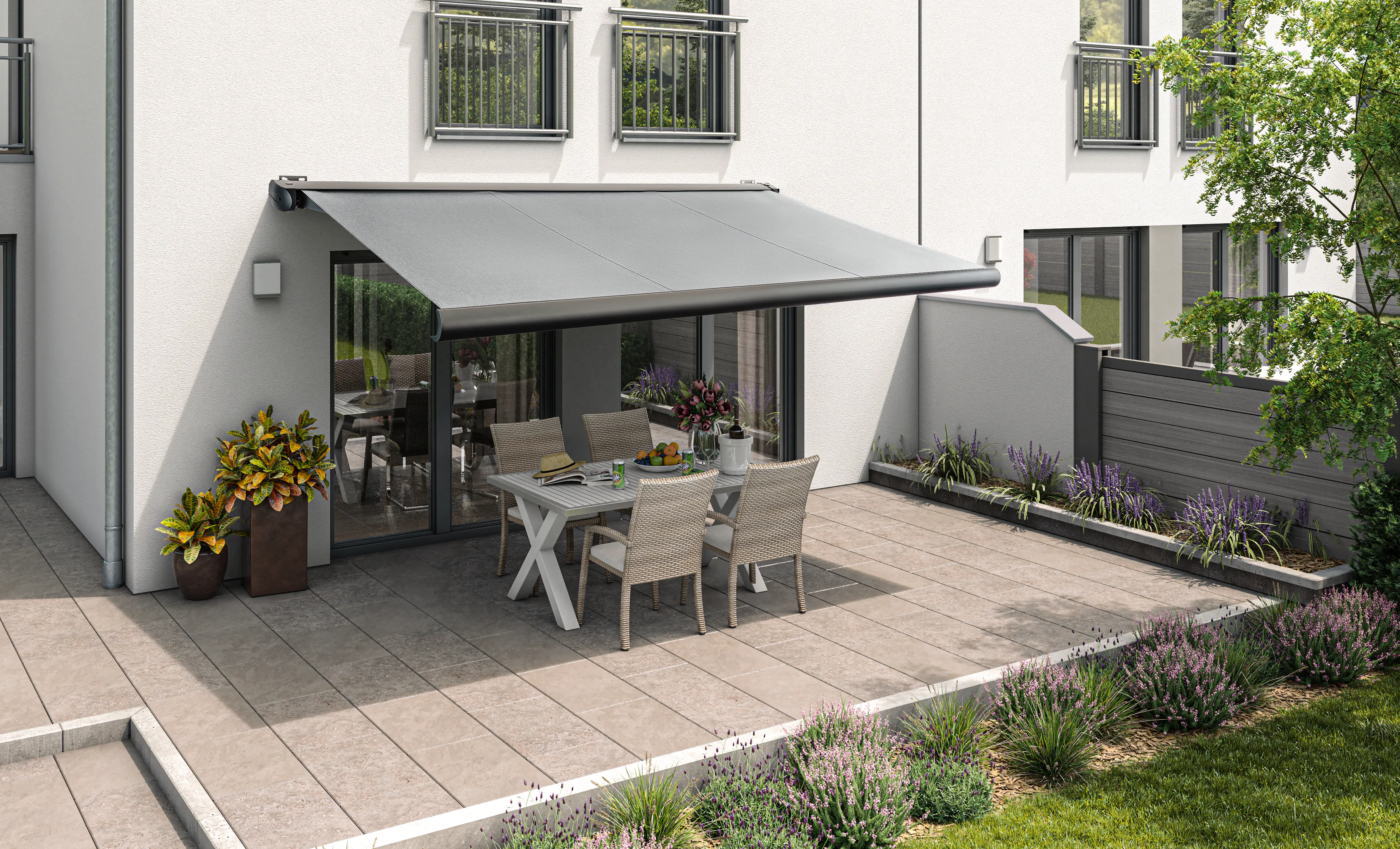 Kassetten-Markise Lyon elektrisch hellgrau, Breite: 400 cm, Ausfall: 300cm