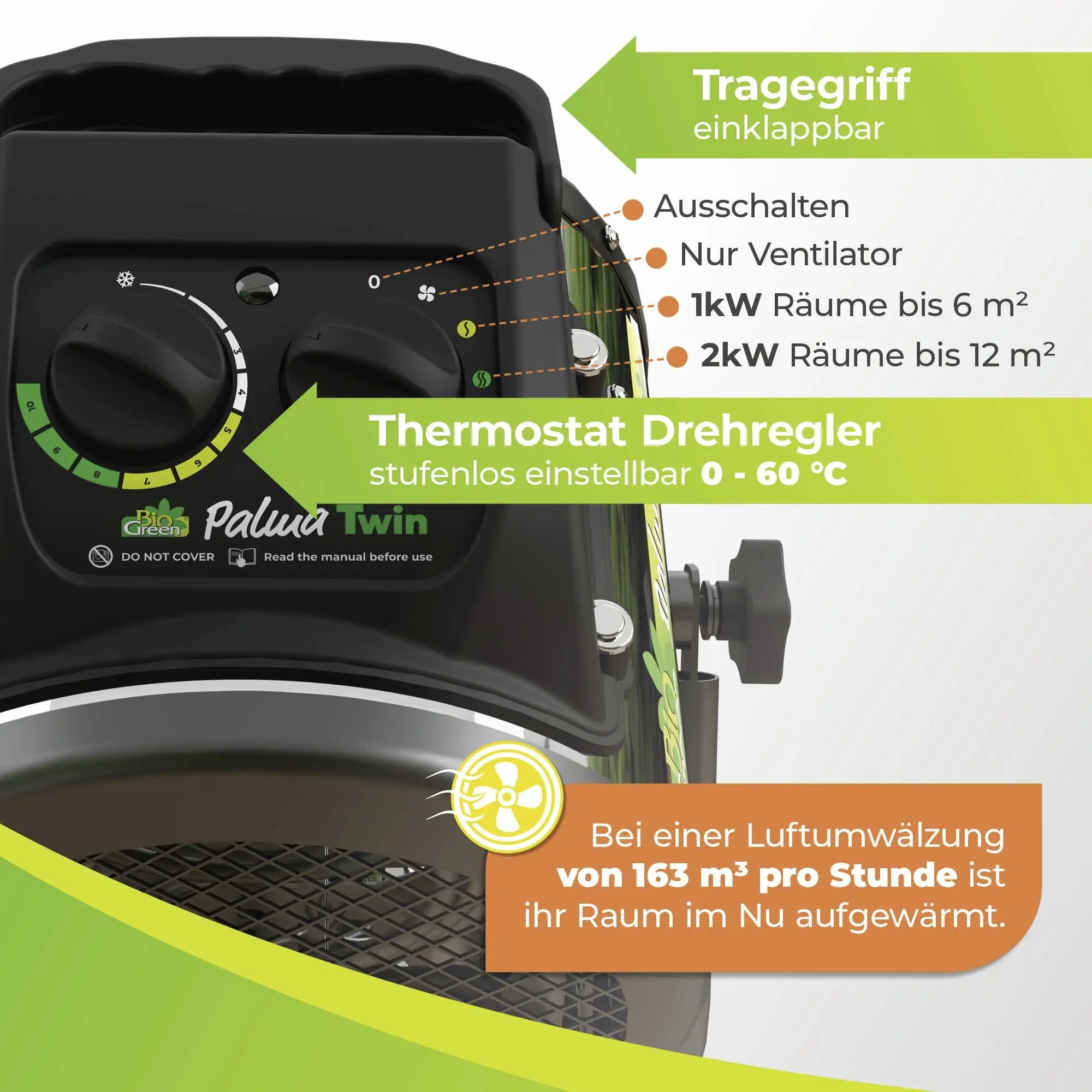 BioGreen Elektroheizung für Gewächshaus Palma Twin Basic silber/schwarz 25 x 30 cm mit manuellem Thermostat 1000/2000 W