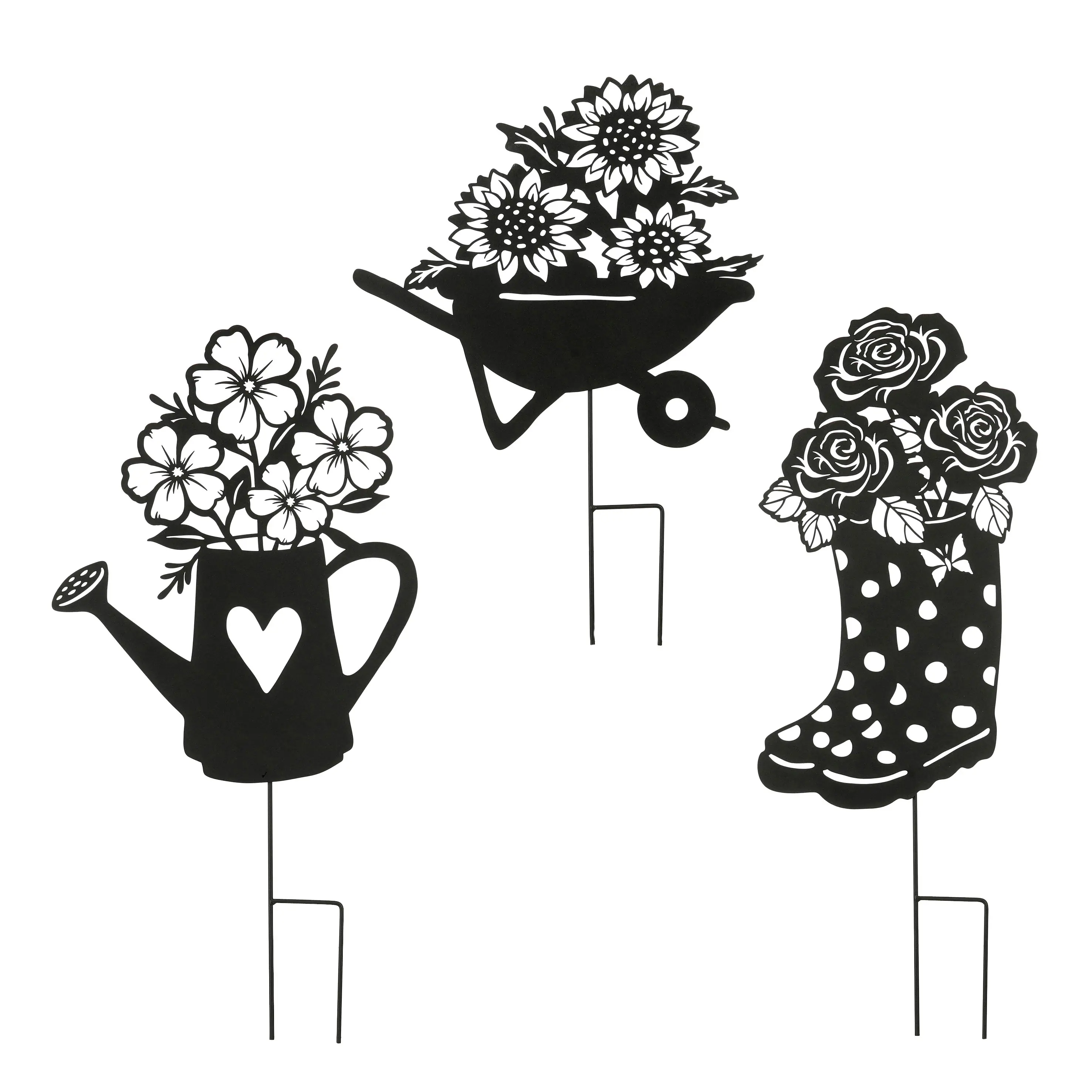 Mica Decorations Gartenstecker Stiefel Schubkarren Gießer Eisen 81 cm schwarz 3-fach sortiert