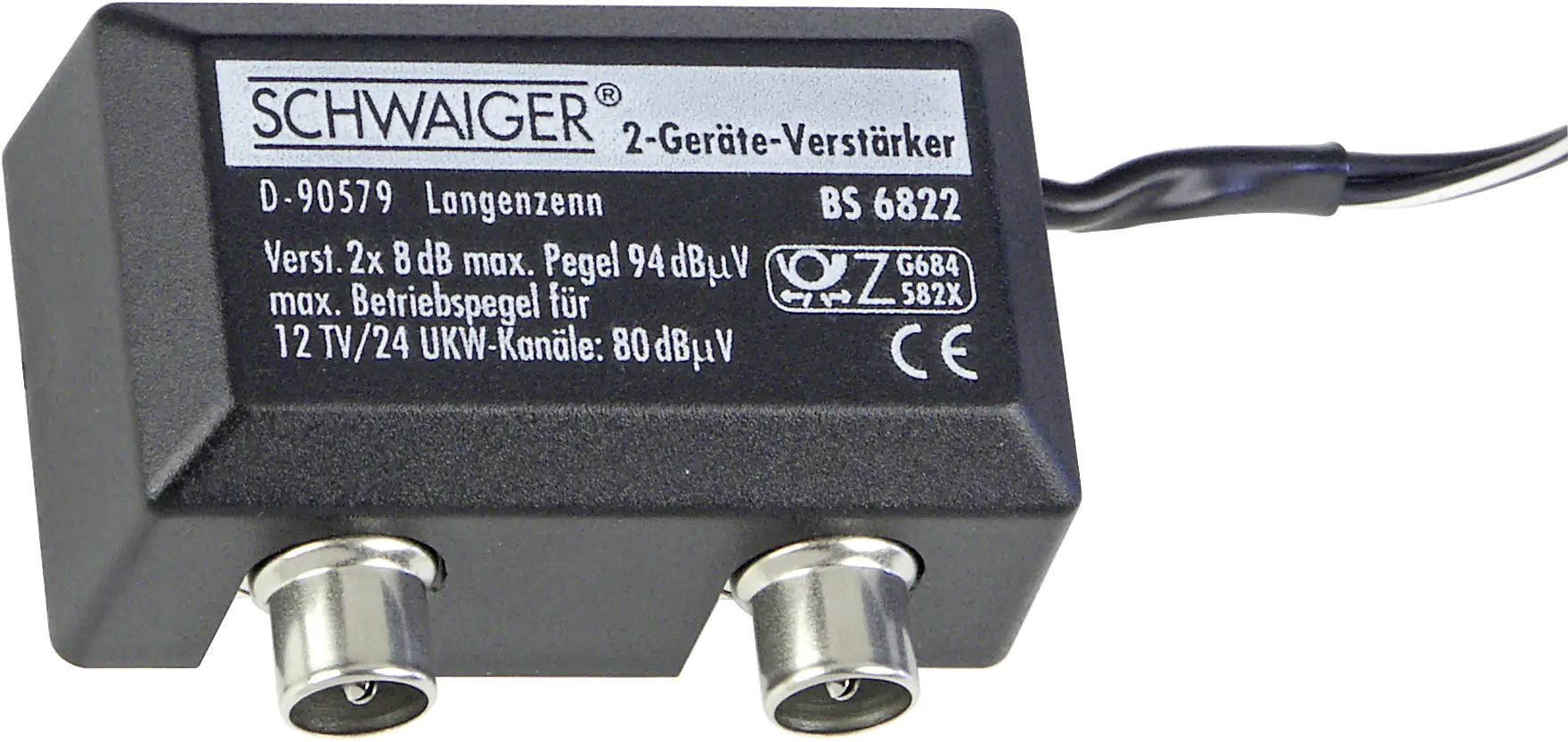 Schwaiger Zwei-Geräte-Verstärker BS6822 531 1x IEC Buchse auf 2x IEC Stecker, Verstärkung bis 2x 8dB Schwaiger Zwei-Geräte-Verstärker BS6822 531 1x IEC Buchse auf 2x IEC Stecker, Verstärkung bis 2x 8dB