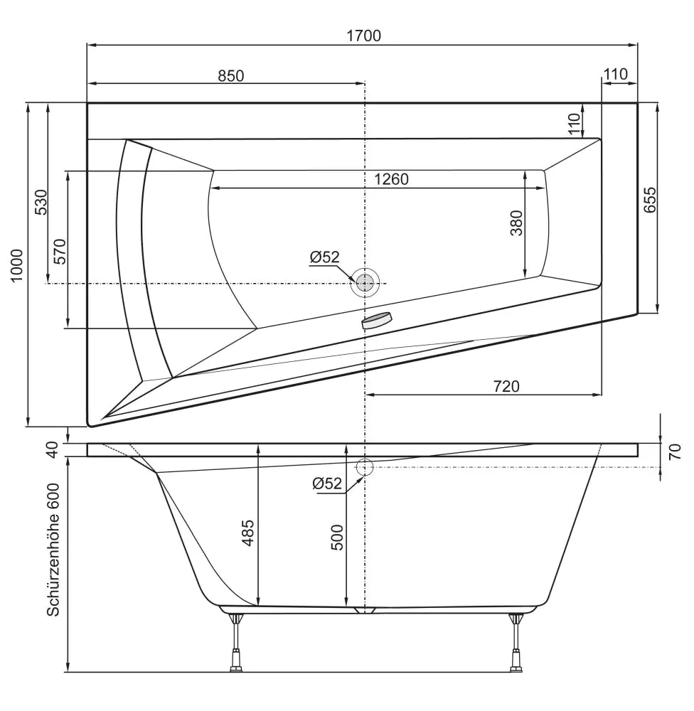 Ottofond Badewanne Galia I 170 x 100 x 65,5 cm, weiß, Modell B