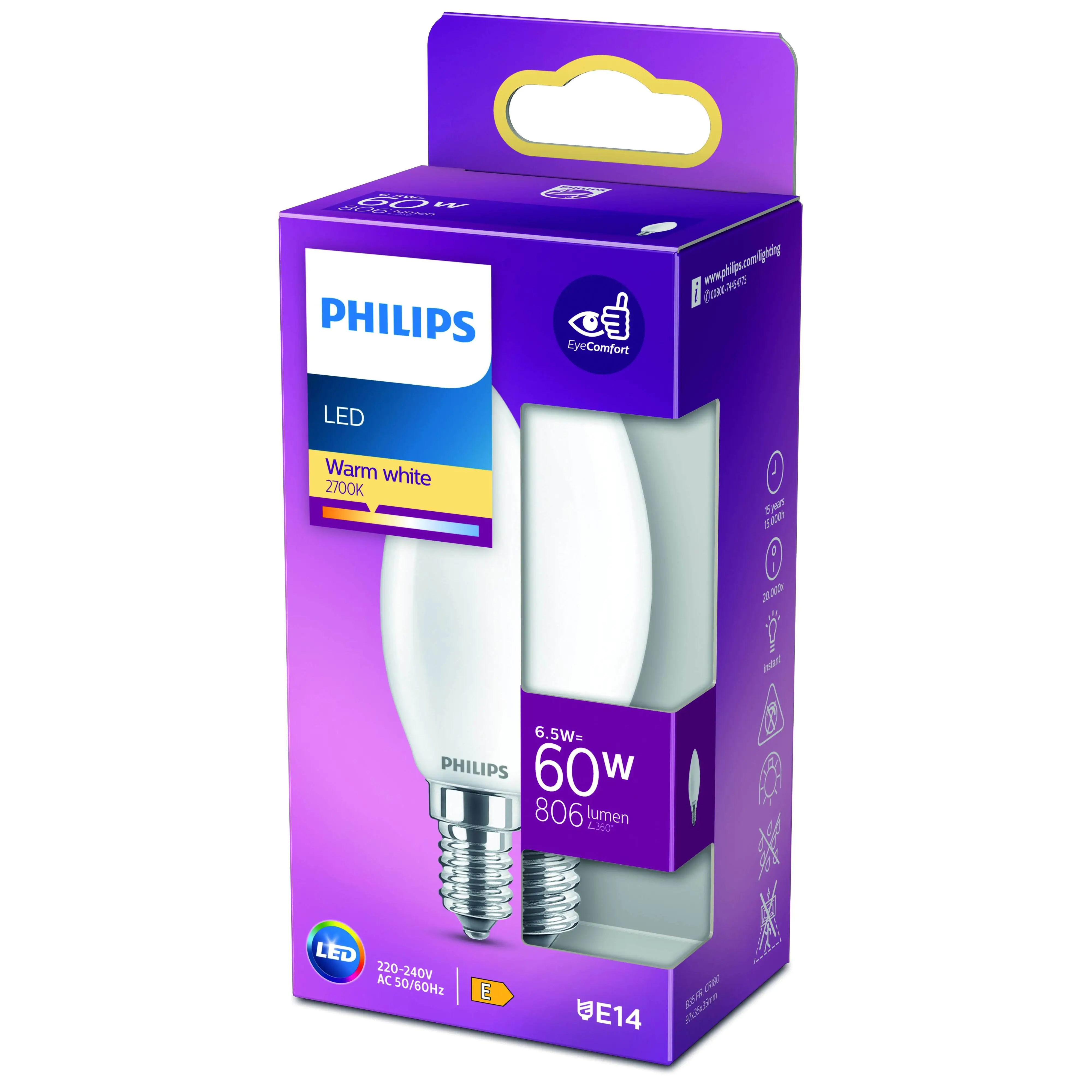 Philips LED-Leuchtmittel Filament Kerzenform B35 E14 6,5W warmweiß
