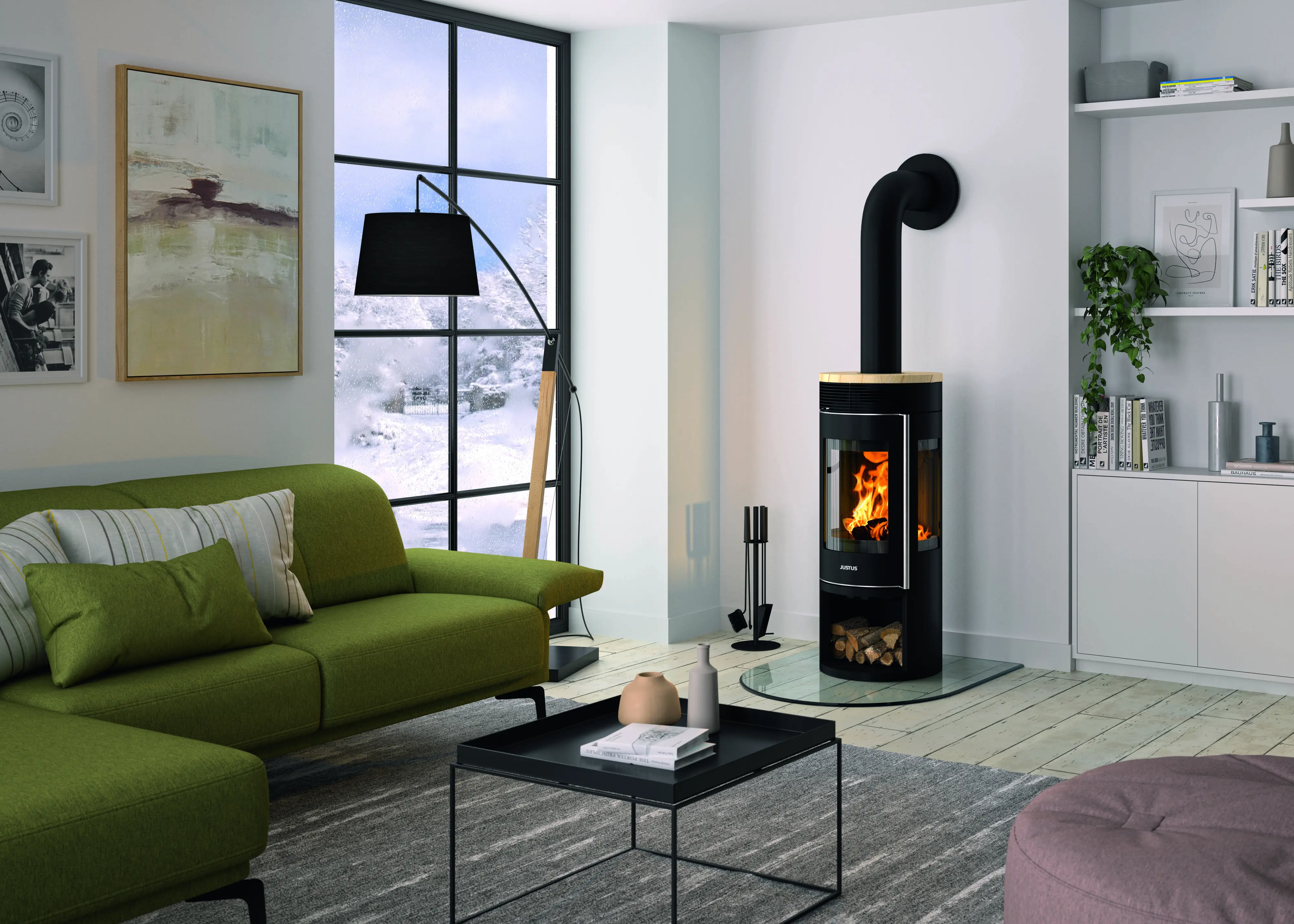Justus Kaminofen Mino Trios 2.0 Stahl schwarz mit Abdeckplatte Sandstein 5,5 kW Justus Kaminofen Mino Trios 2.0 Stahl schwarz mit Abdeckplatte Sandstein 5,5 kW