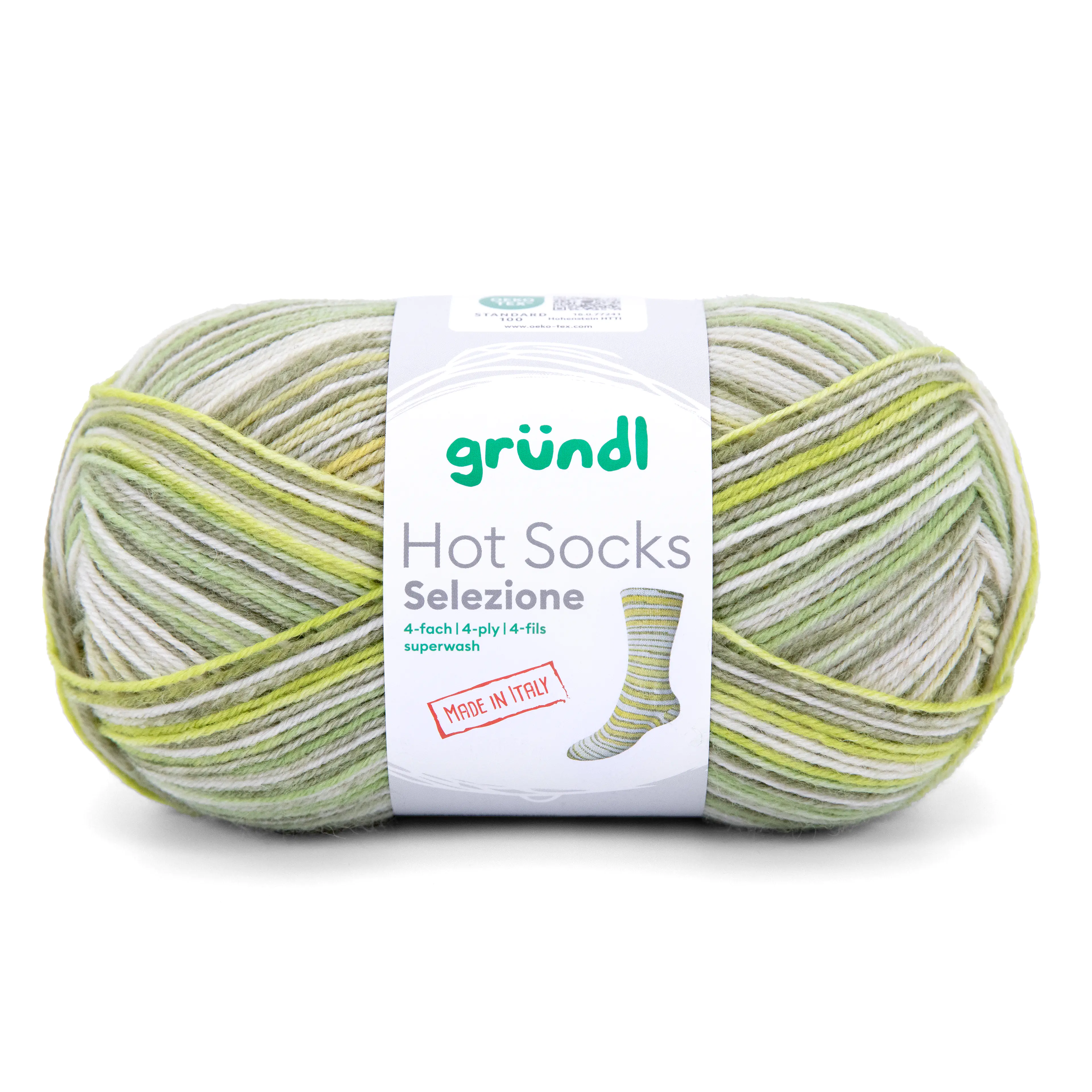 Gründl Sockenwolle Hot Socks 100 g 4-fach, limette-farngrün-creme