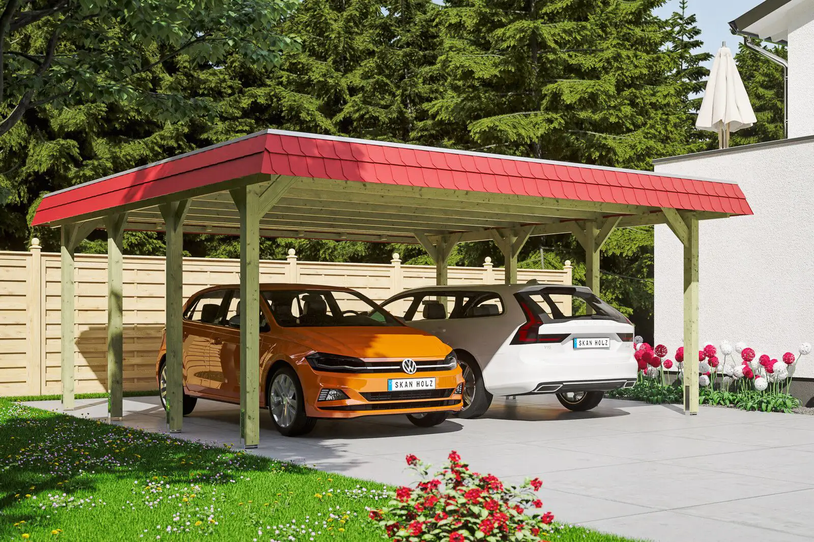 SKAN HOLZ Carport Spreewald 585 x 741 cm mit Aluminiumdach rote Blende