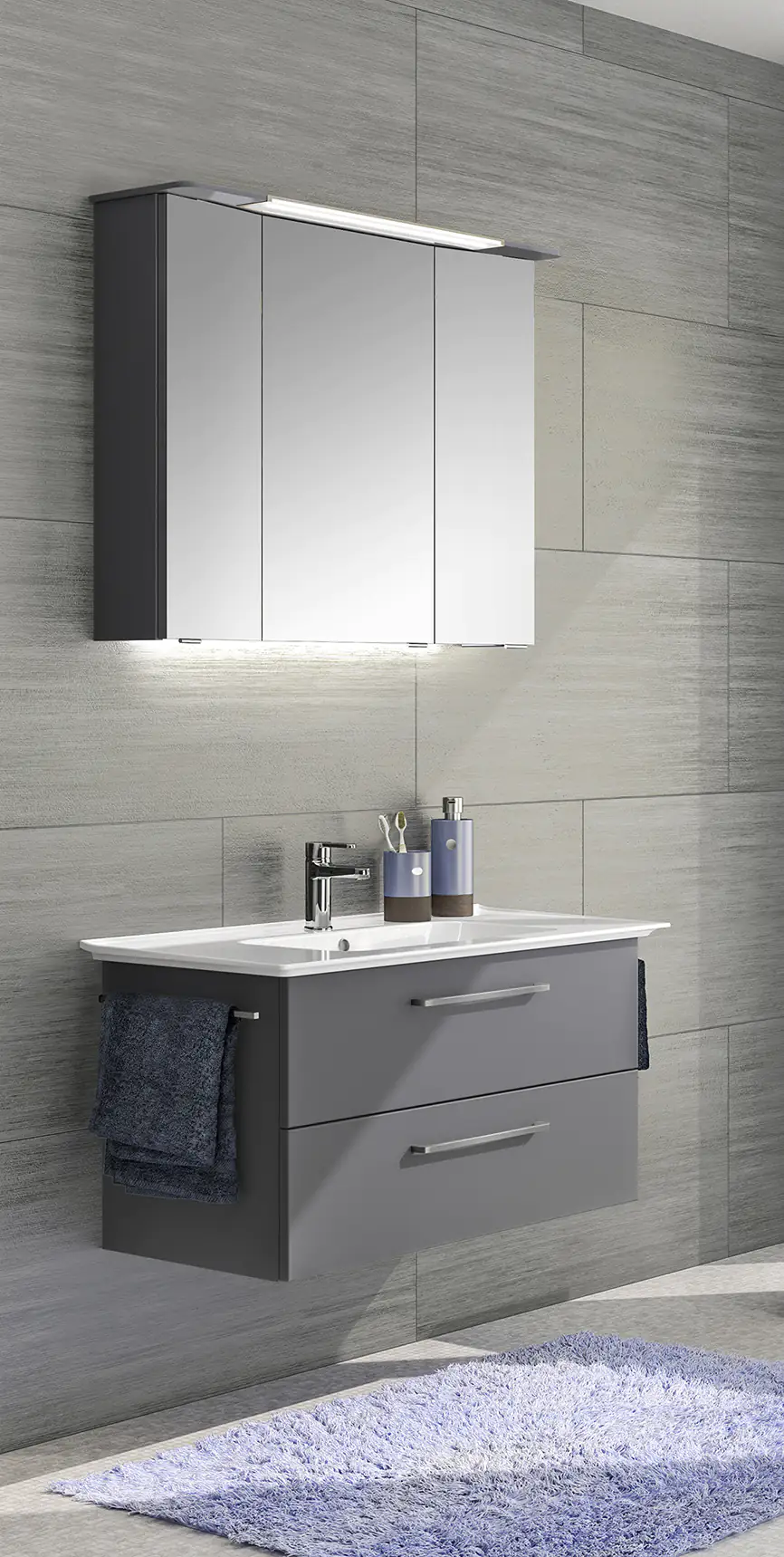 Pelipal Badmöbel-Set Quarzgrau Matt mit Keramik-Waschtisch + 3D-Spiegelschrank 100 cm