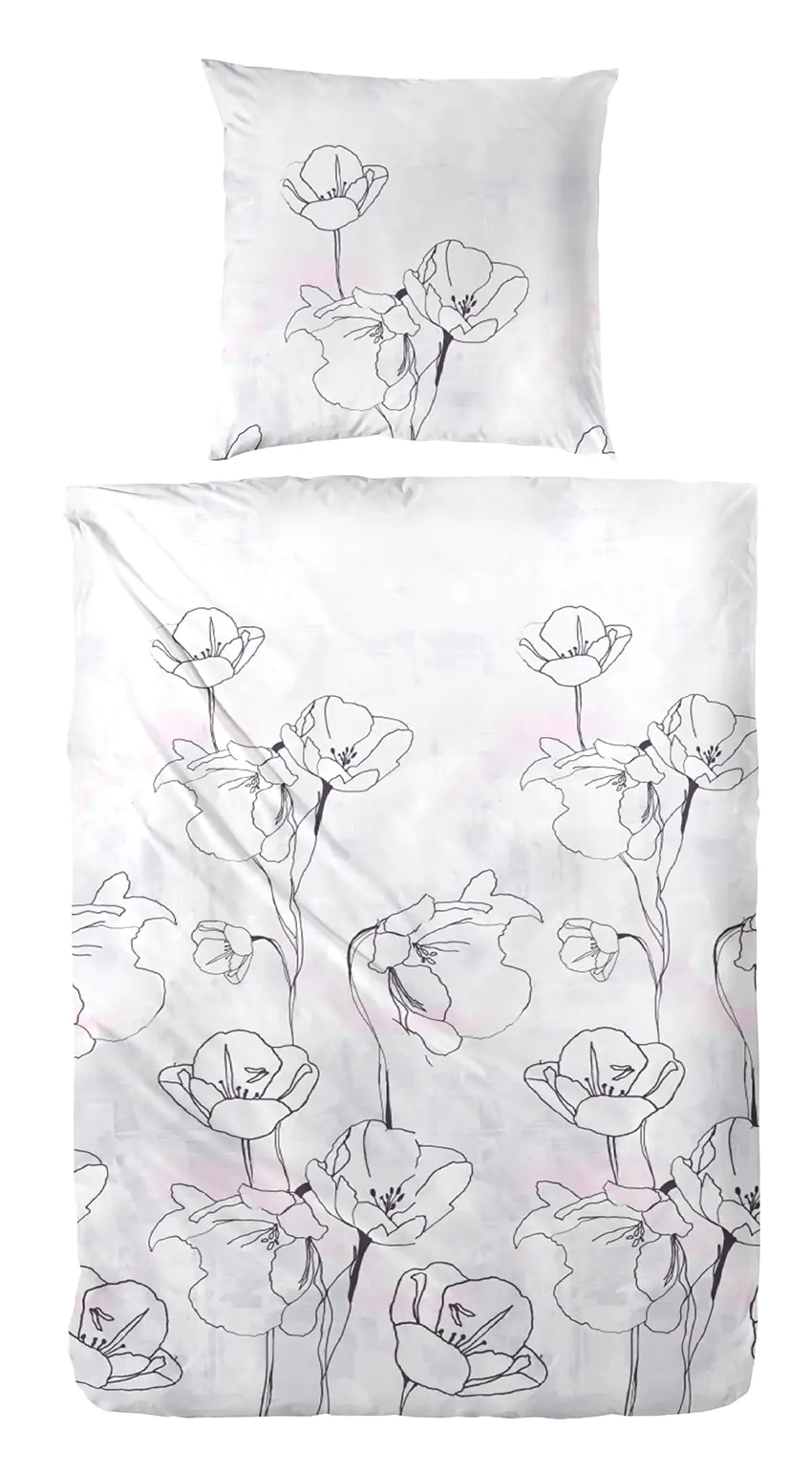 Vario Satin Bettwäsche Blumen weiß-schwarz, 135 x 200 cm