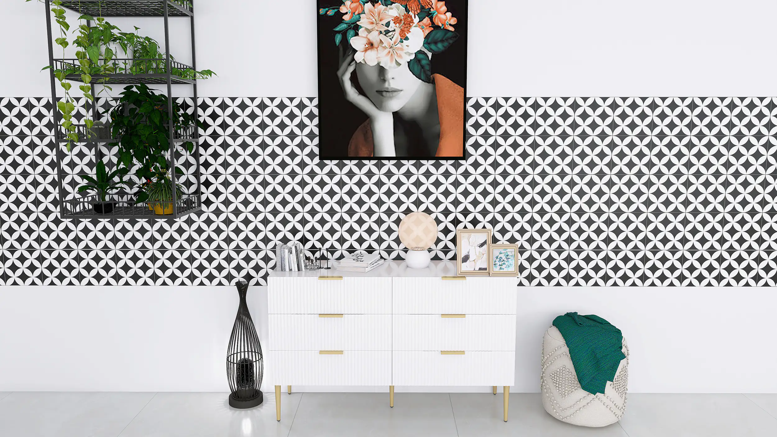 Bodenfliese Feinsteinzeug Casablanca Circle 20 x 20 cm weiß-schwarz