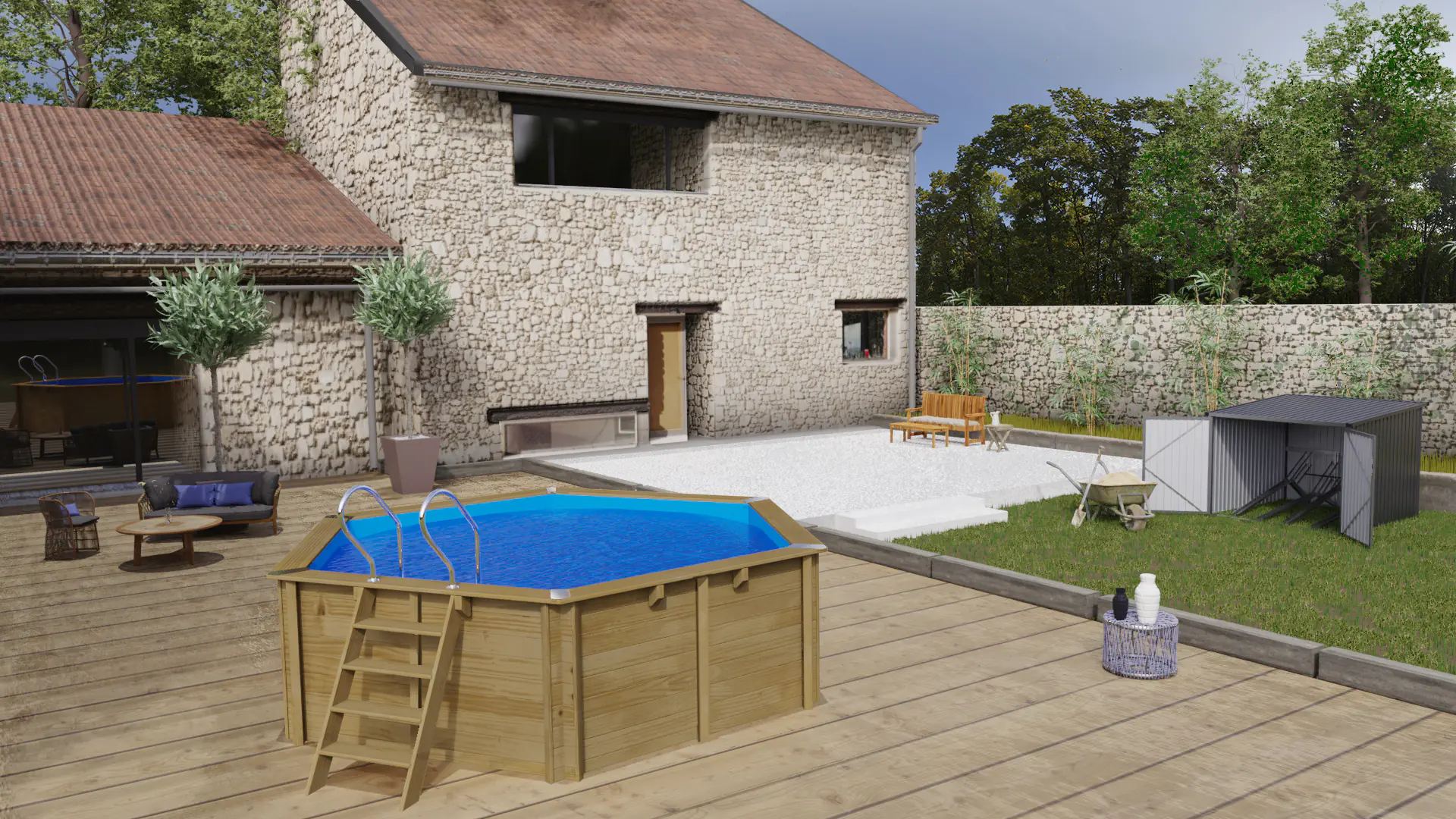 Gre Holzpool Vasto Komplettset rund Ø 428 x 136 cm natur