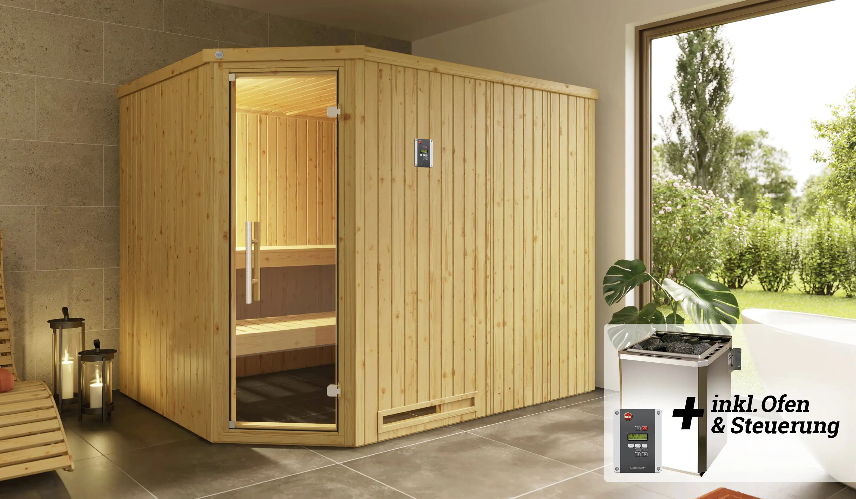 Weka Elementsauna Varberg Eck Gr. 4 Sparset 7,5 kw BioS