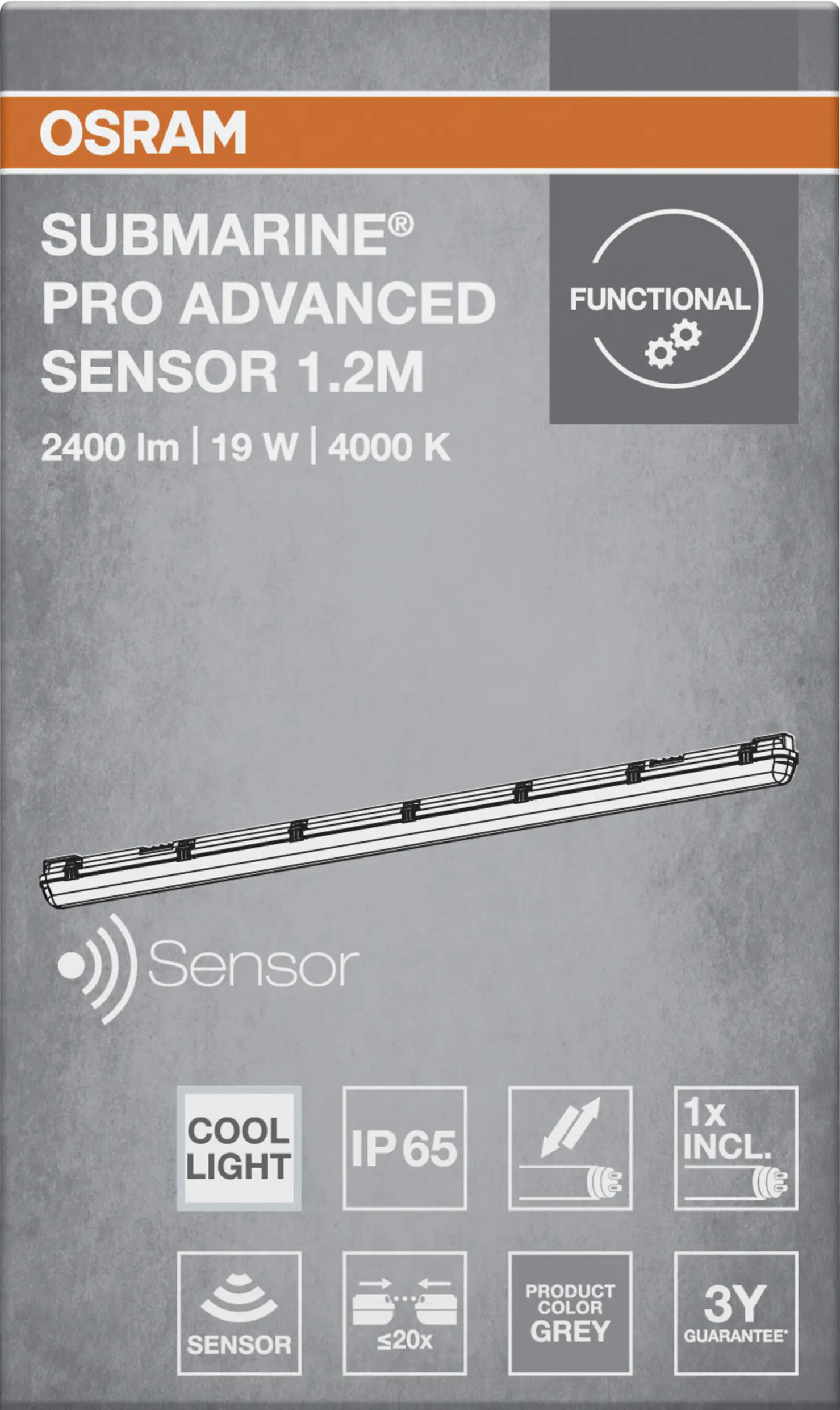 Osram Feuchtraumleuchte Submarine Pro Advanced 19 W grau neutralweiß mit Bewegungssensor
