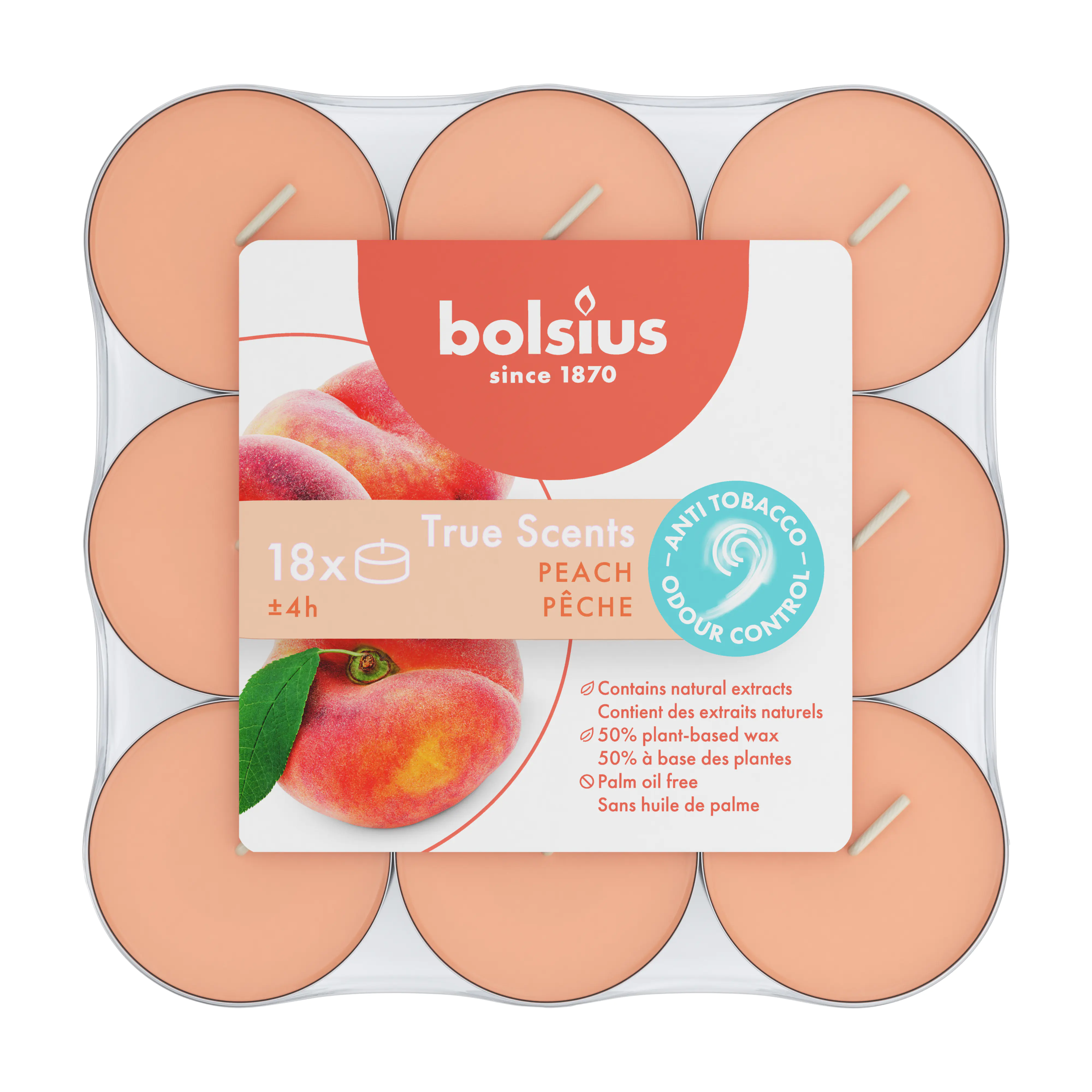 Bolsius Duft-Teelichte Alu 4 Stunden 18er Pack True Scents Pfirsich