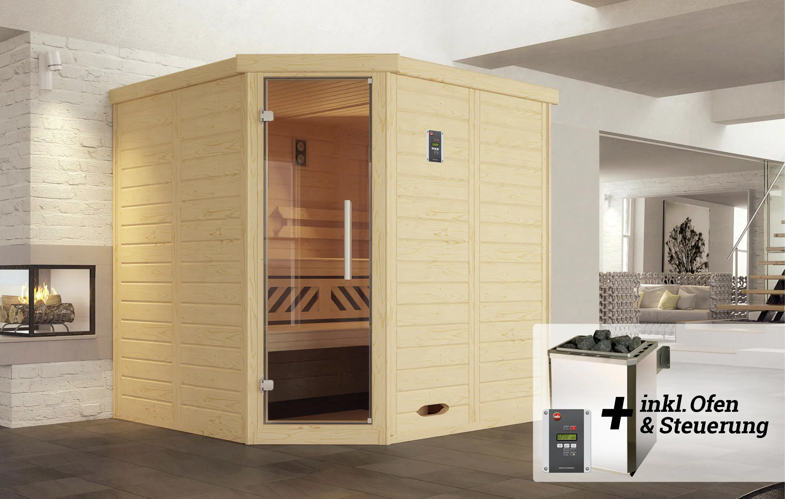 Weka Premium Massivholz-Elementsauna Kemi Eck Gr. 2 Sparset 7,5 kW OS