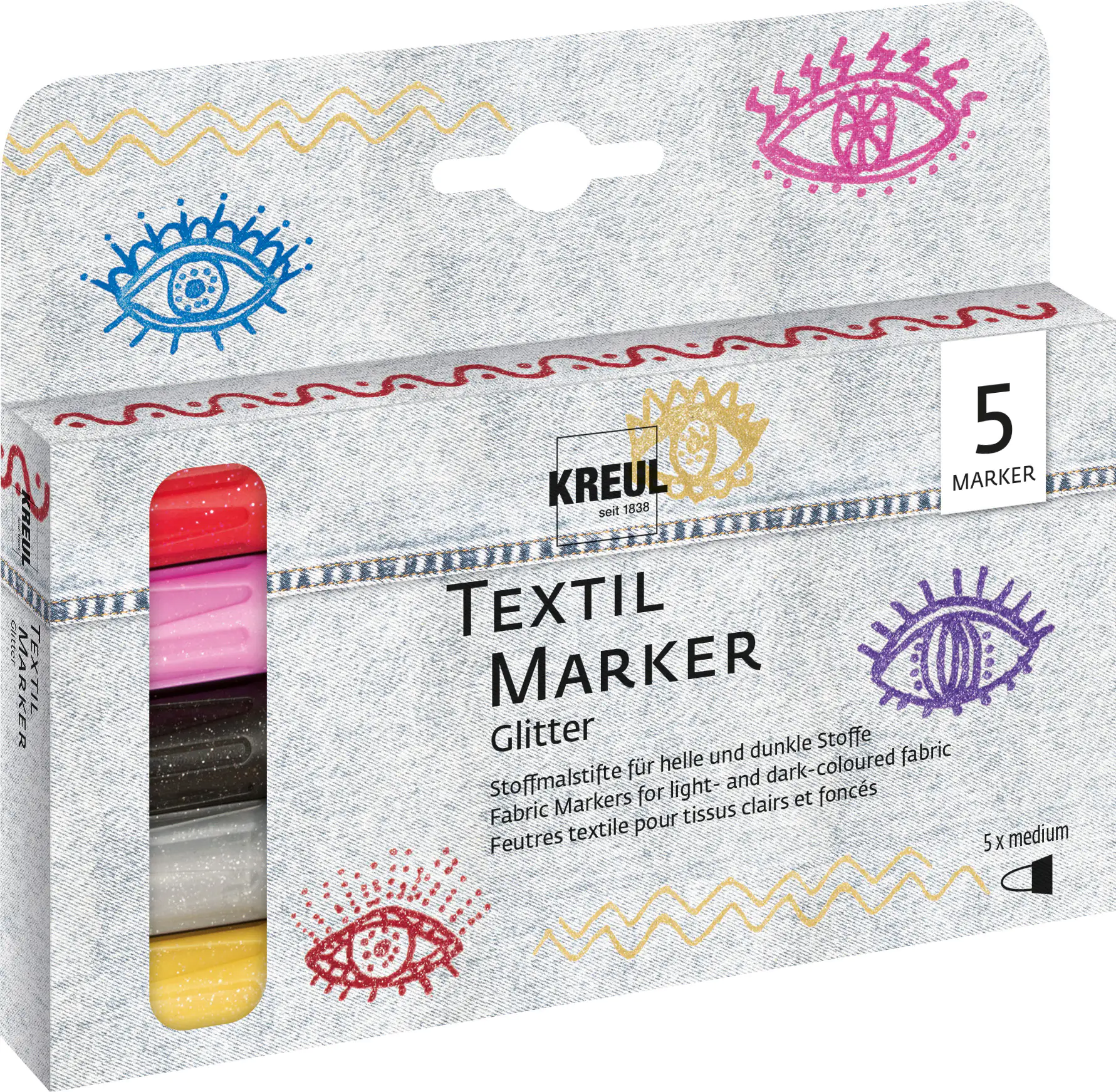 Kreul Textil Marker Glitter medium 5er Set
