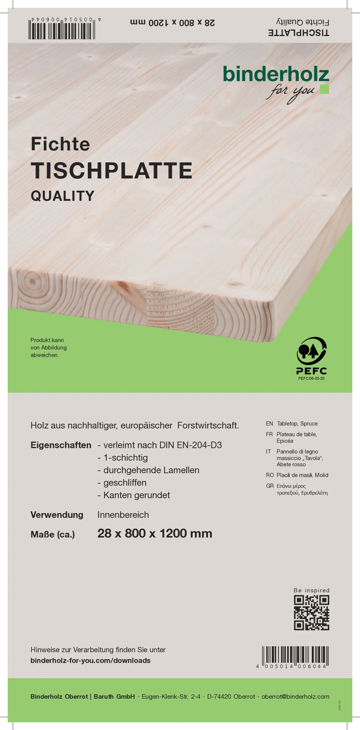 Tischplatte Fichte Oberfläche geschliffen 120 x 80 cm 28 mm