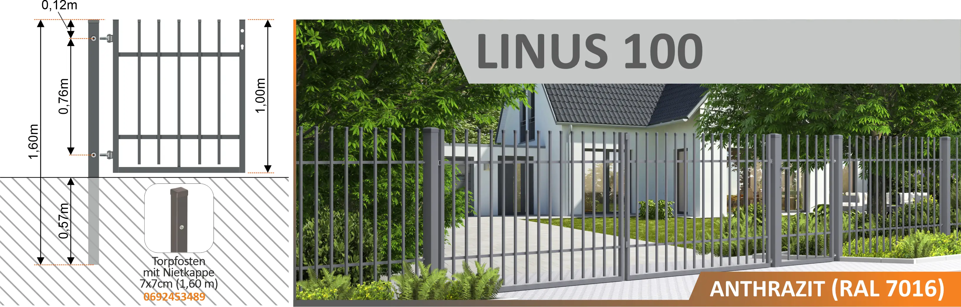 5901122317487_2 Polbram Einzeltor Linus 100 rechts 90 x 100 cm, RAL-Farbe 7016